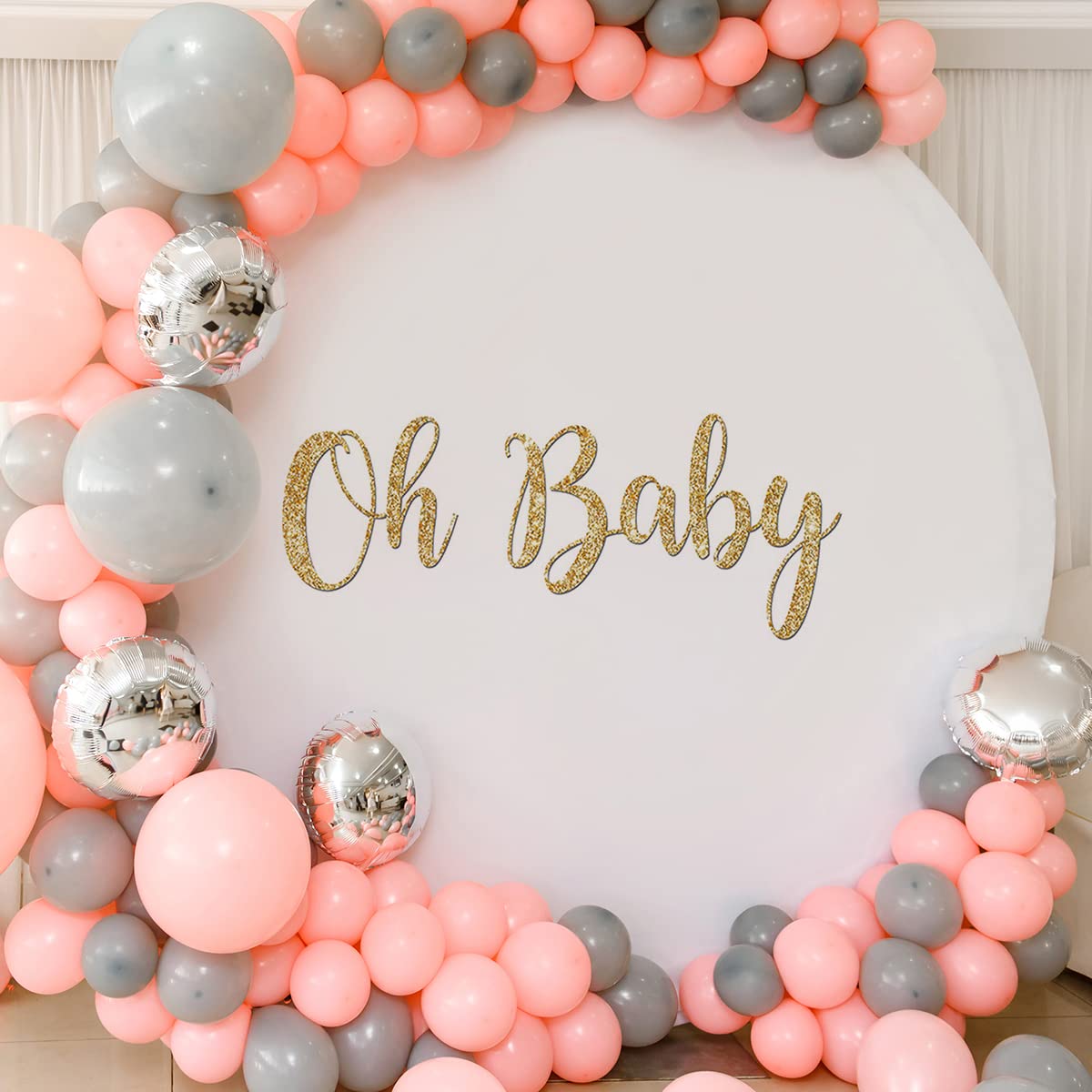 Oh Baby Round Backdrop 8ft (2.5m) White Polyester Baby Shower Birthday Cake Table Decoration - Perfect for Baby Showers, Birthday Parties, and Photo Backdrops