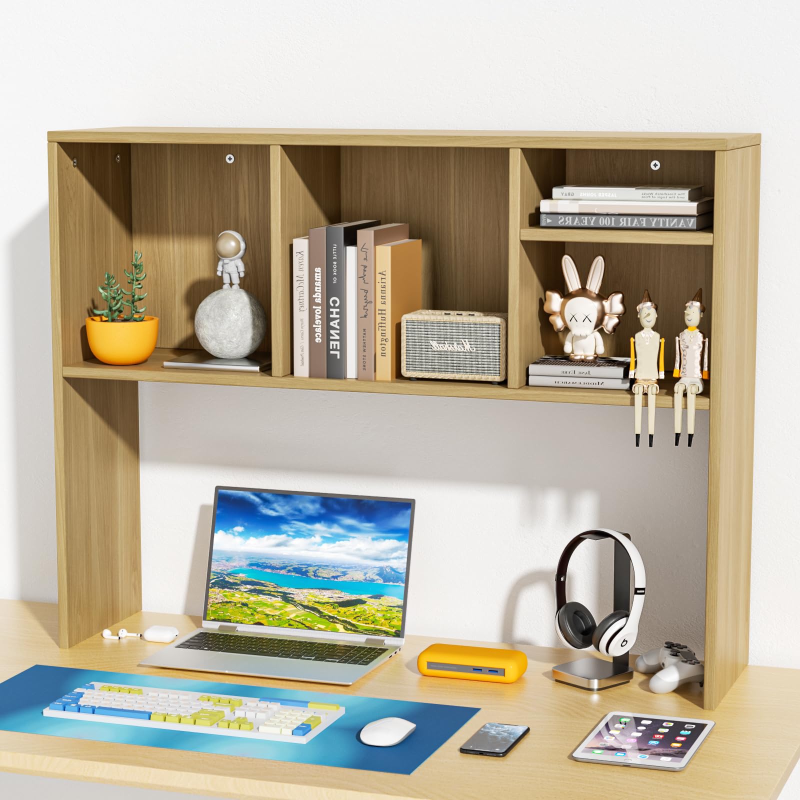 2-Tier 4-Shelf Desk Hutch Organizer - Wooden Desktop Bookshelf for Computer Desk, Office & Home - Perfect for Dorm Rooms, Workspaces & Small Spaces Storage Solutions