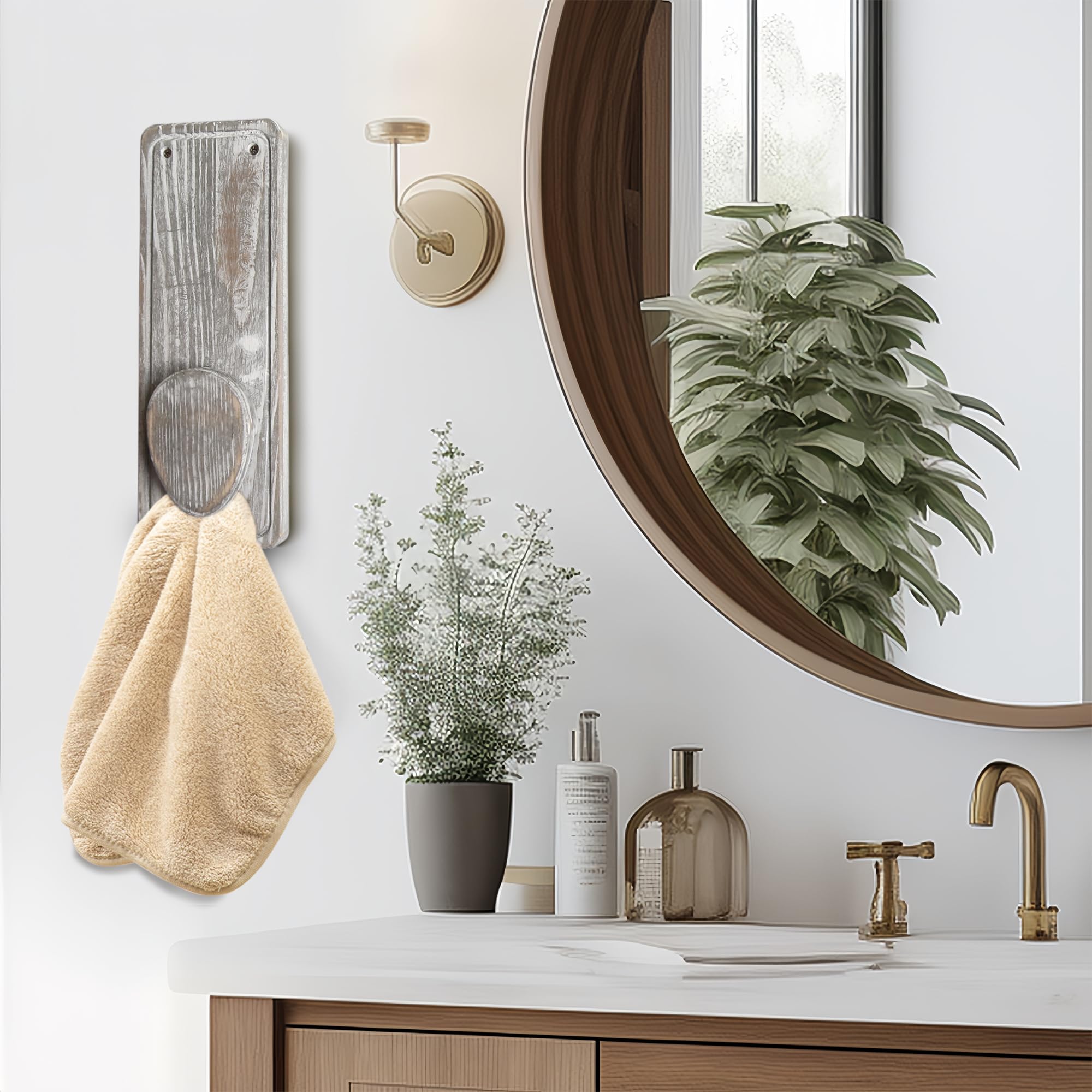 Besuerte Wooden Kitchen Towel Hook Set of 2 - Wall Mounted Wooden Towel Holders with Magic Marble - Rustic Grey Kitchen & Bathroom Towel Rack Hanger - Perfect for Farmhouse, Rustic Home Decor & Organizing Kitchen Linens