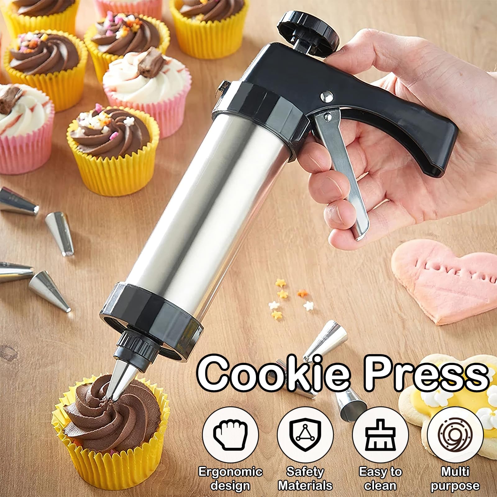 Stainless Steel Cookie Press Gun Kit with 13 Discs & 8 Icing Tips - Christmas Baking DIY Cookie Maker Set for Biscuits, Pastries & Decorating - Perfect for Holiday Baking, Party Treats & Homemade Desserts