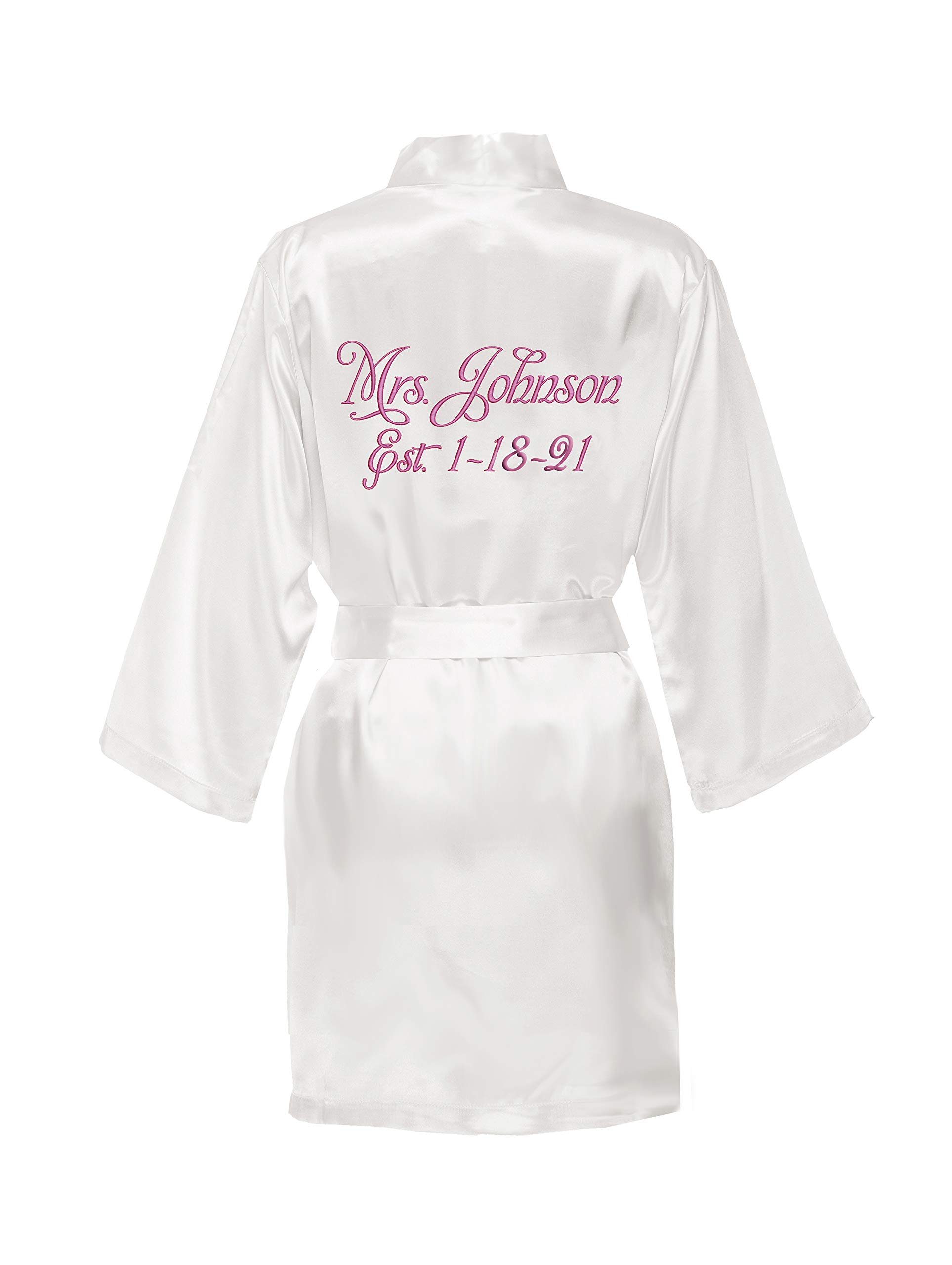 Personalized Mrs. Satin Bridal Robe - Elegant White Wedding Gown for Bride, Bridal Party, Bachelorette & Honeymoon - Perfect for Getting Ready, Photos & Special Occasions