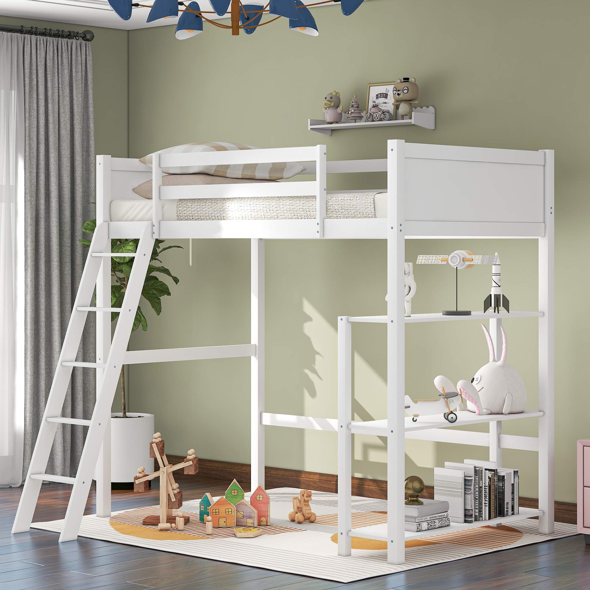 **Wooden Twin Loft Bed for Kids with Storage Shelves & Angled Ladder - No Box Spring Needed, White - Perfect for Small Bedrooms & Space-Saving Kids' Rooms**