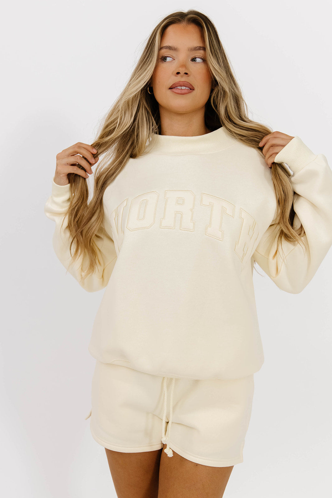 WORTH Tone On Tone Embroidered Mockneck Sweatshirt in Toasted Cream | Women's Casual Pullover | Perfect for Fall Layering & Coffee Dates
