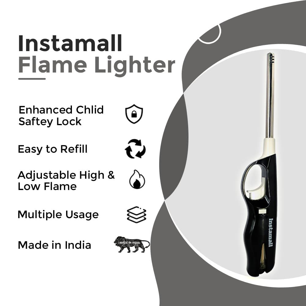 SevanAmaze Refillable Adjustable Flame Lighter - Black ABS Plastic Lighter for Kitchen Stove, BBQ, Candles, Fireplace & Outdoor Camping (Pack of 1) - Perfect for Home, Restaurant & Travel Use