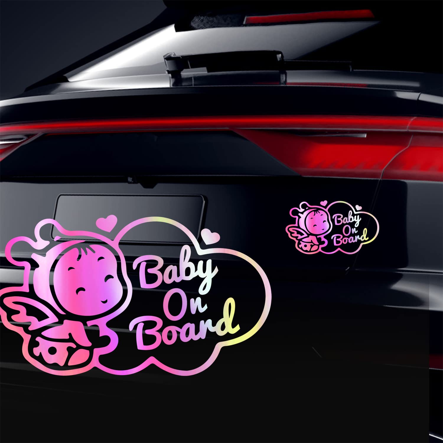 Reflective Baby On Board Car Stickers (2-Pack) - High Visibility Safety Decals for Car Windows, Child Safety Warning Signs in Rainbow White - Perfect for Family Vehicles, School Pickups & Road Trips