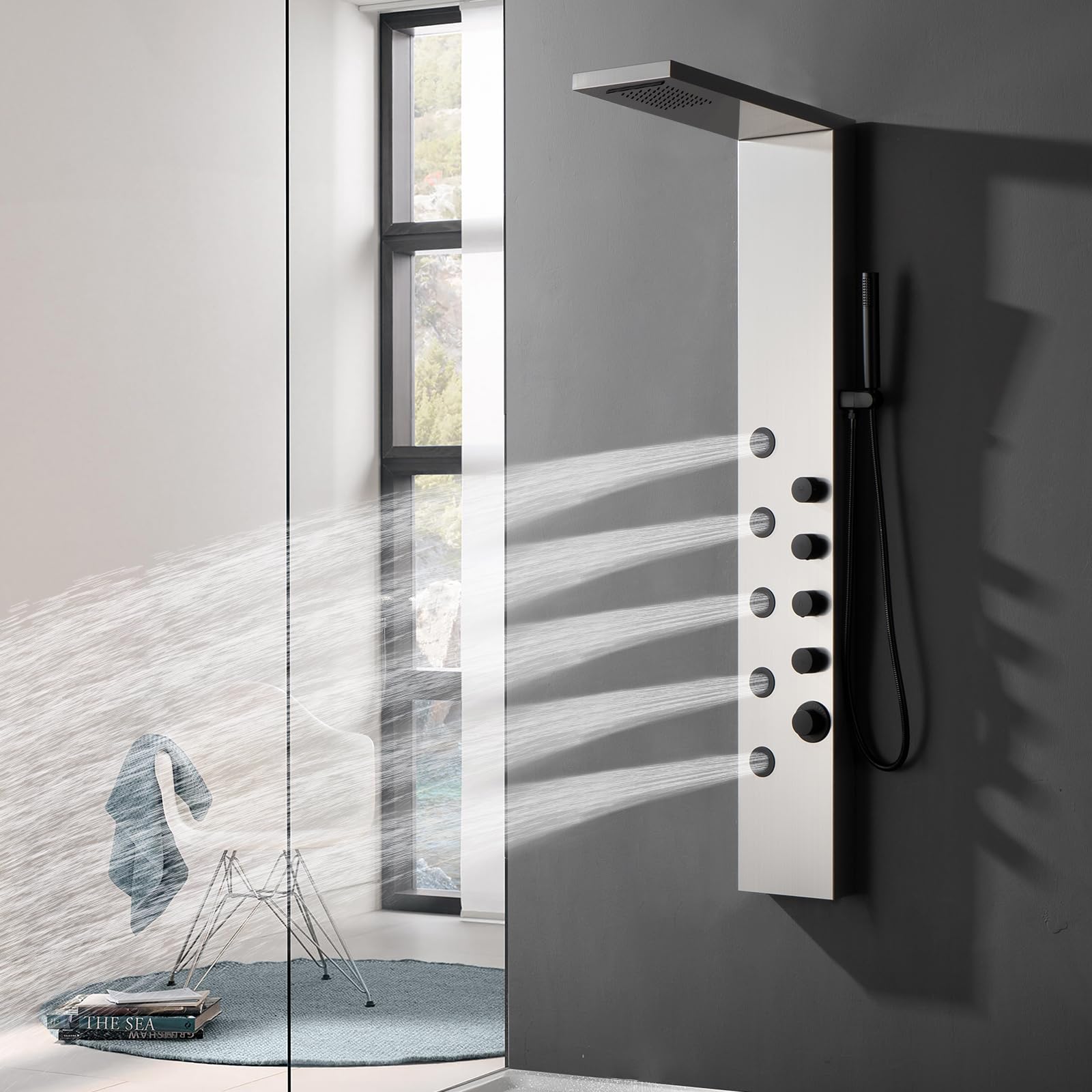 Homevacious Modern Shower Panel Tower System - Rainfall Shower Head, 5 Body Jets & Handheld Shower - Brushed Nickel Finish - Spa-Like Bathroom Upgrade for Luxury Shower Experience