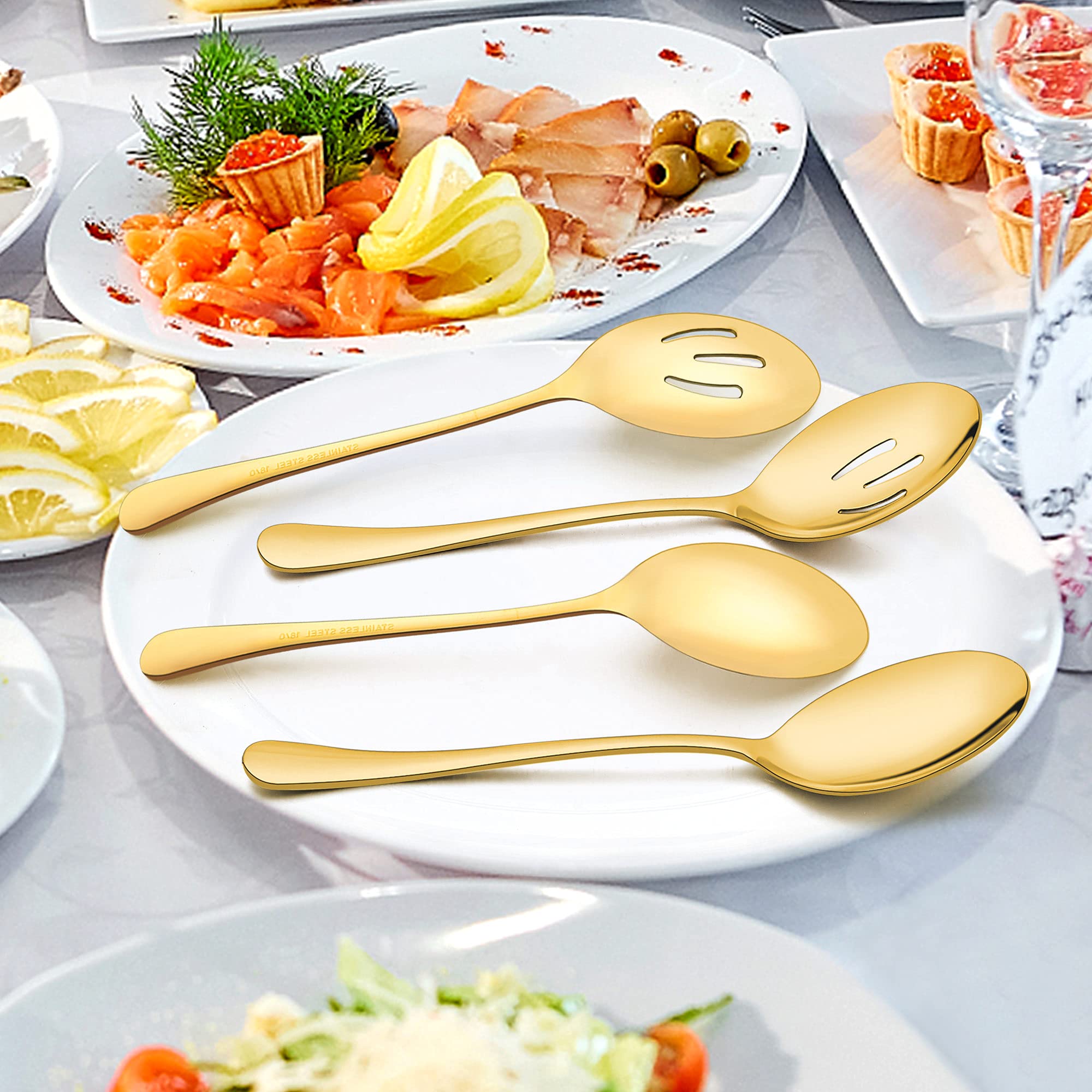 6-Piece Gold Stainless Steel Serving Spoon and Fork Set - 9.8 Inch Mirror Polished Buffet Utensils for Catering, Banquets & Parties - Dishwasher Safe - Elegant Tableware for Weddings, Dinner Parties & Holiday Gatherings
