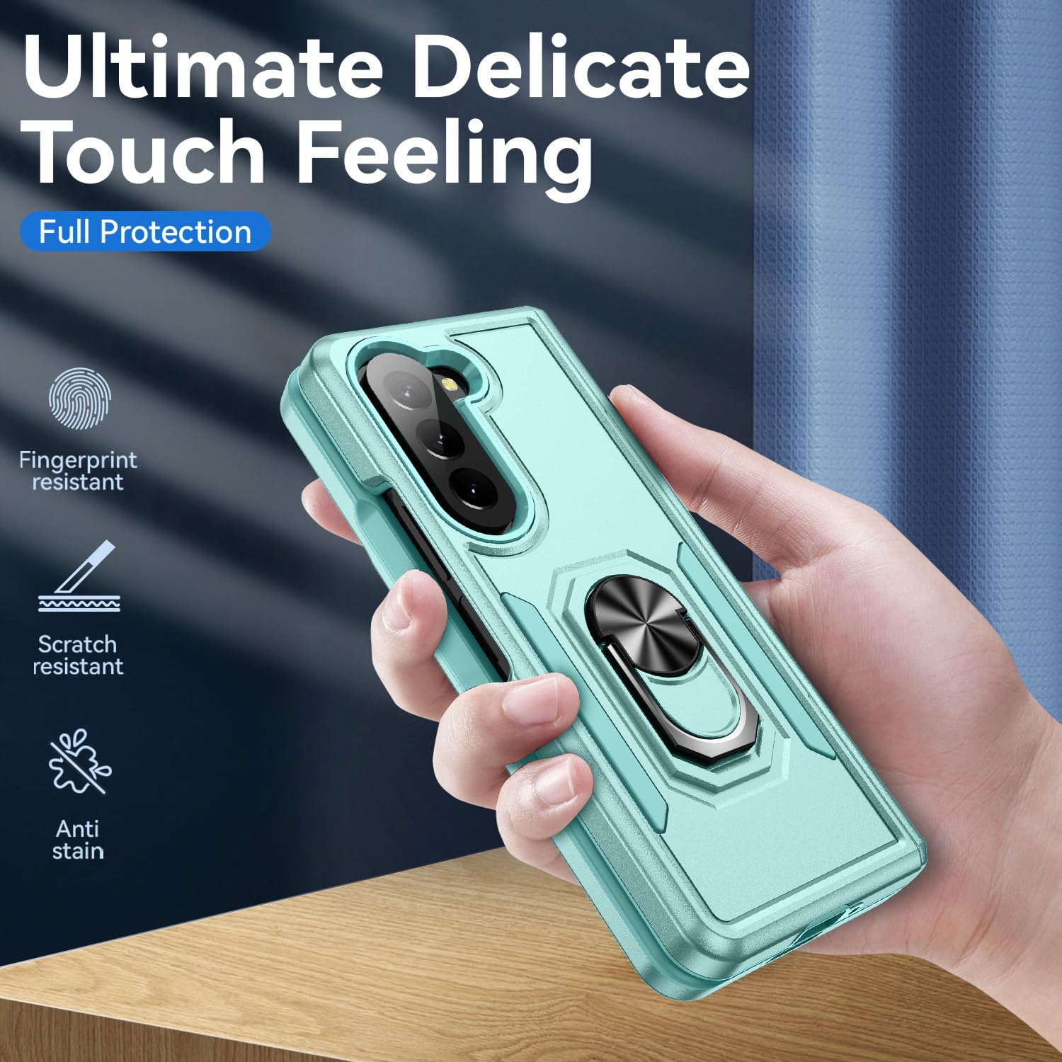 Premium Samsung Galaxy Z Fold 5 Case with Kickstand & Magnetic Ring Holder - Military Grade Shockproof Protection, Skin-Friendly Durable Cover (Green) - Perfect for Work, Travel & Outdoor Activities
