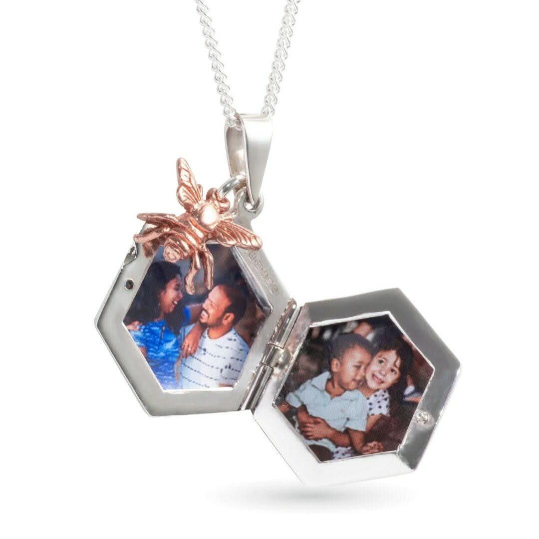 Bee Locket Necklace in White Gold - Personalized Photo Pendant for Women - Perfect for Anniversaries, Birthdays & Memorial Gifts