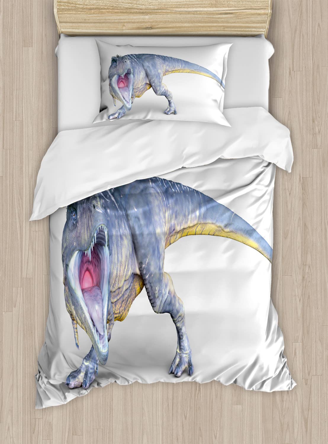 Ambesonne Dinosaur Duvet Cover Set - Queen Size 2-Pack with 2 Duvet Covers & 4 Pillowcases | Vivid Hand-Drawn Dinosaur Art in Blue, Yellow & Pink | Perfect for Kids' Bedroom, Dinosaur Themed Nursery or Unique Gift Idea