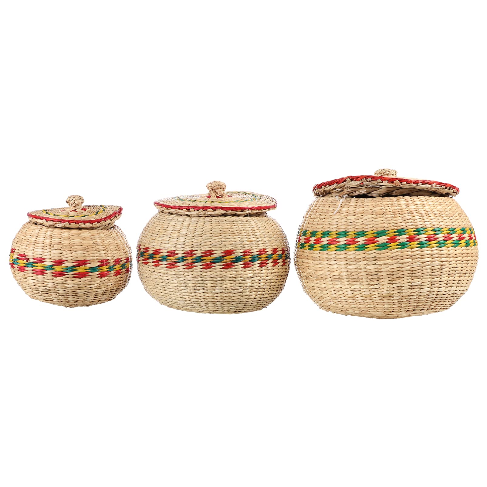 Cabilock 3-Piece Woven Wicker Storage Basket Set with Lids - Round Seagrass Bins for Snacks, Toys & Organizing | Perfect for Kitchen, Bathroom, Desktop & Home Decor