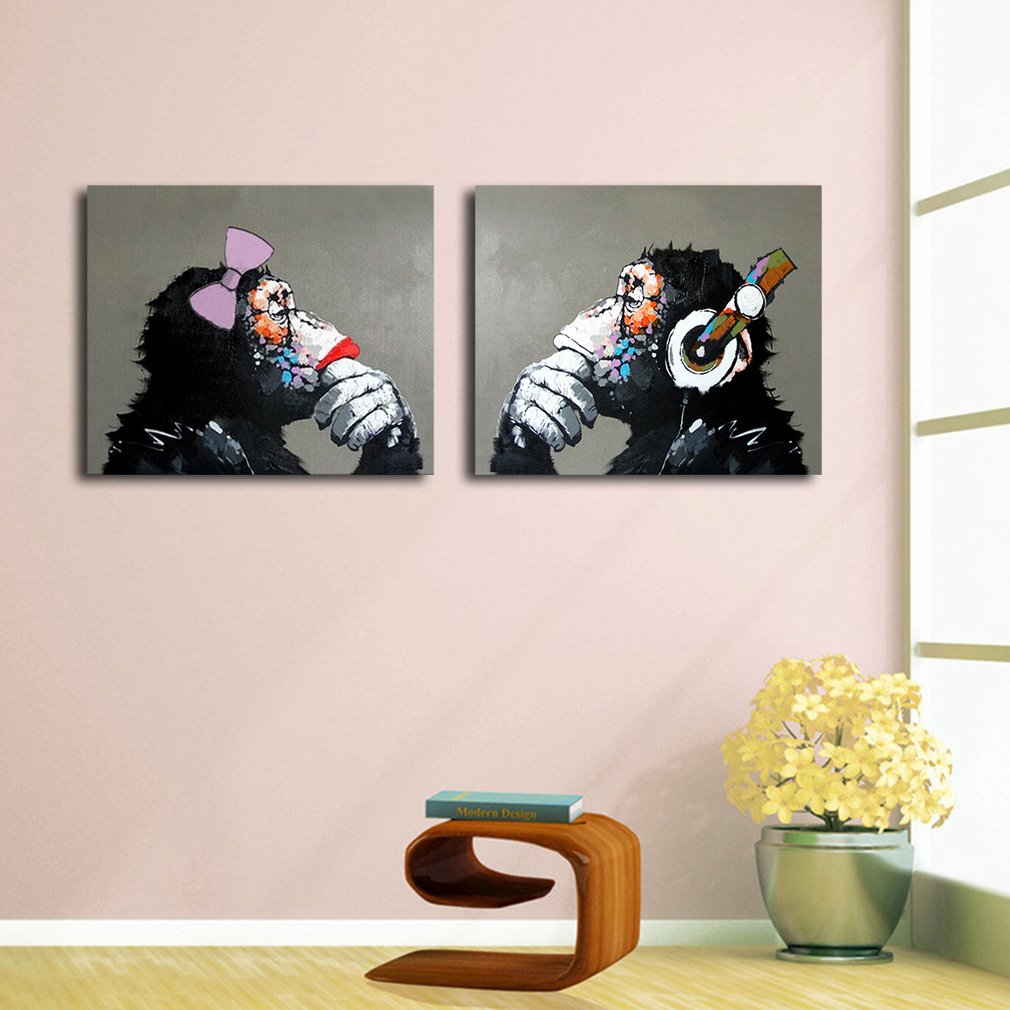 Hand Painted Monkey with Headphones Oil Painting on Canvas - Large Wall Art for Living Room Decor (24x32 Inches, Set of 2) | Ready to Hang Modern Artwork for Home, Office & Gift Giving