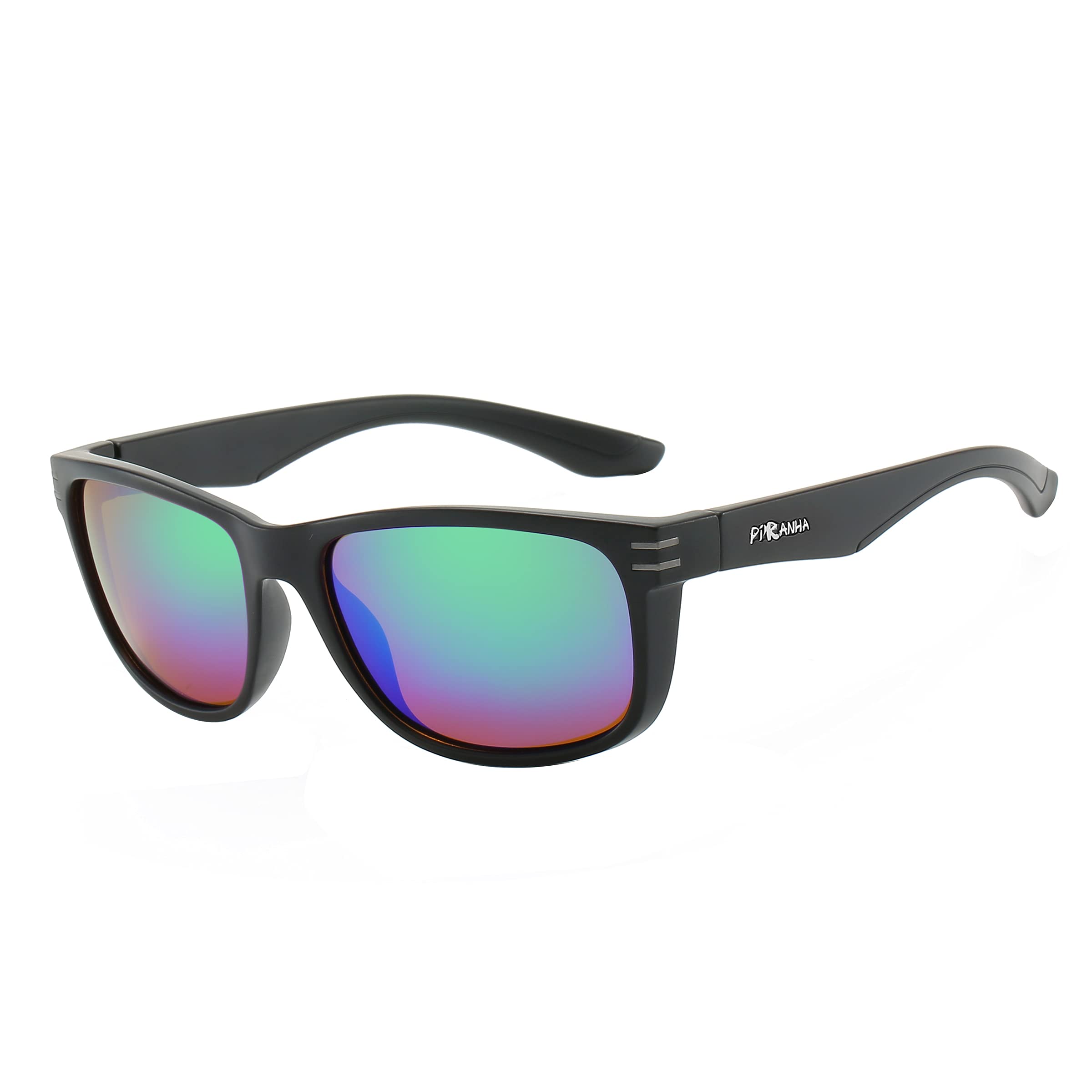 Piranha Logan Men's Polarized Square Frame Sunglasses - Black with Green Mirror Lens for Driving, Fishing & Outdoor Activities