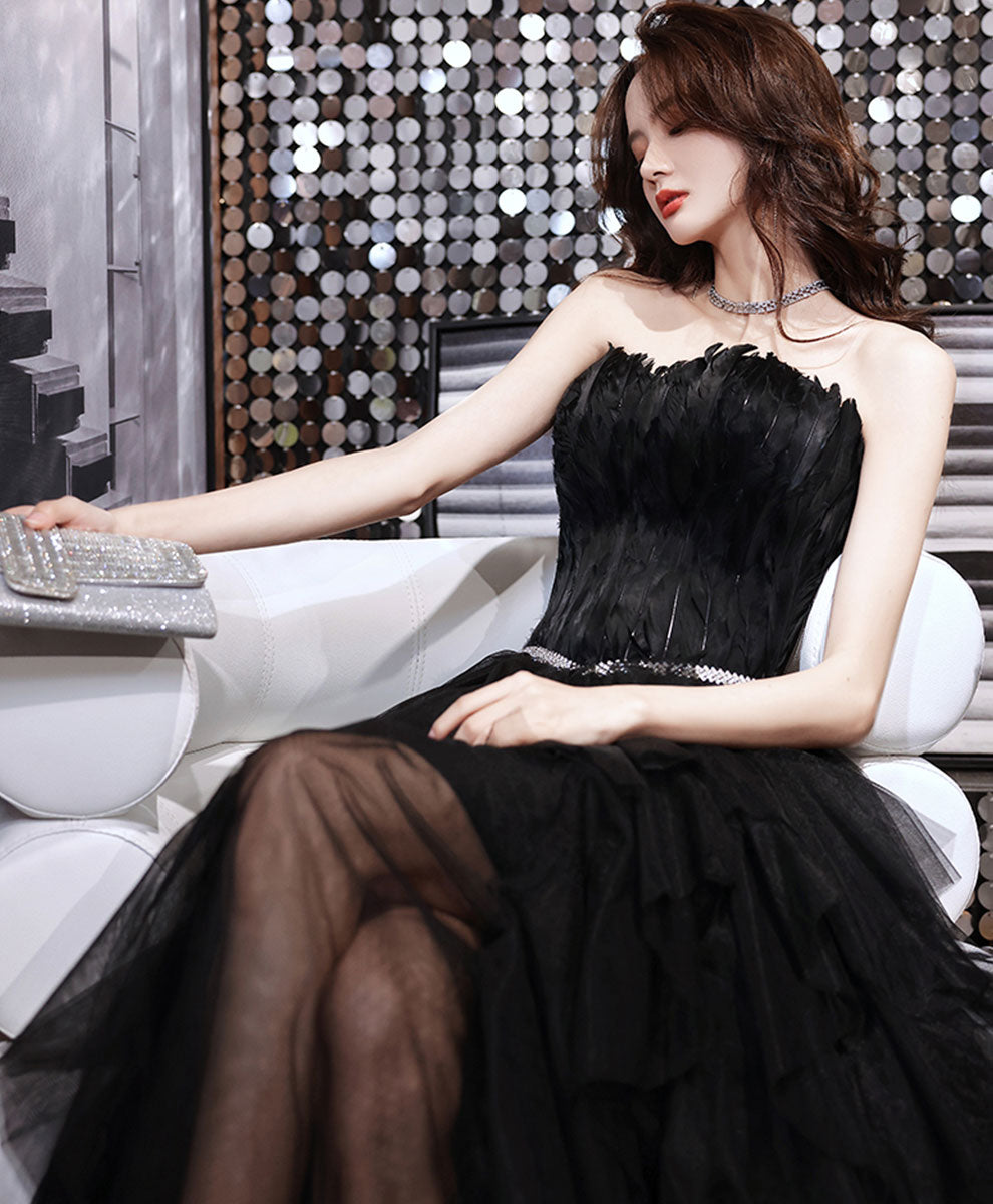 Elegant Black Aline Tulle Long Prom Dress with Feather Details - Formal Evening Gown for Homecoming, Wedding, and Special Occasions