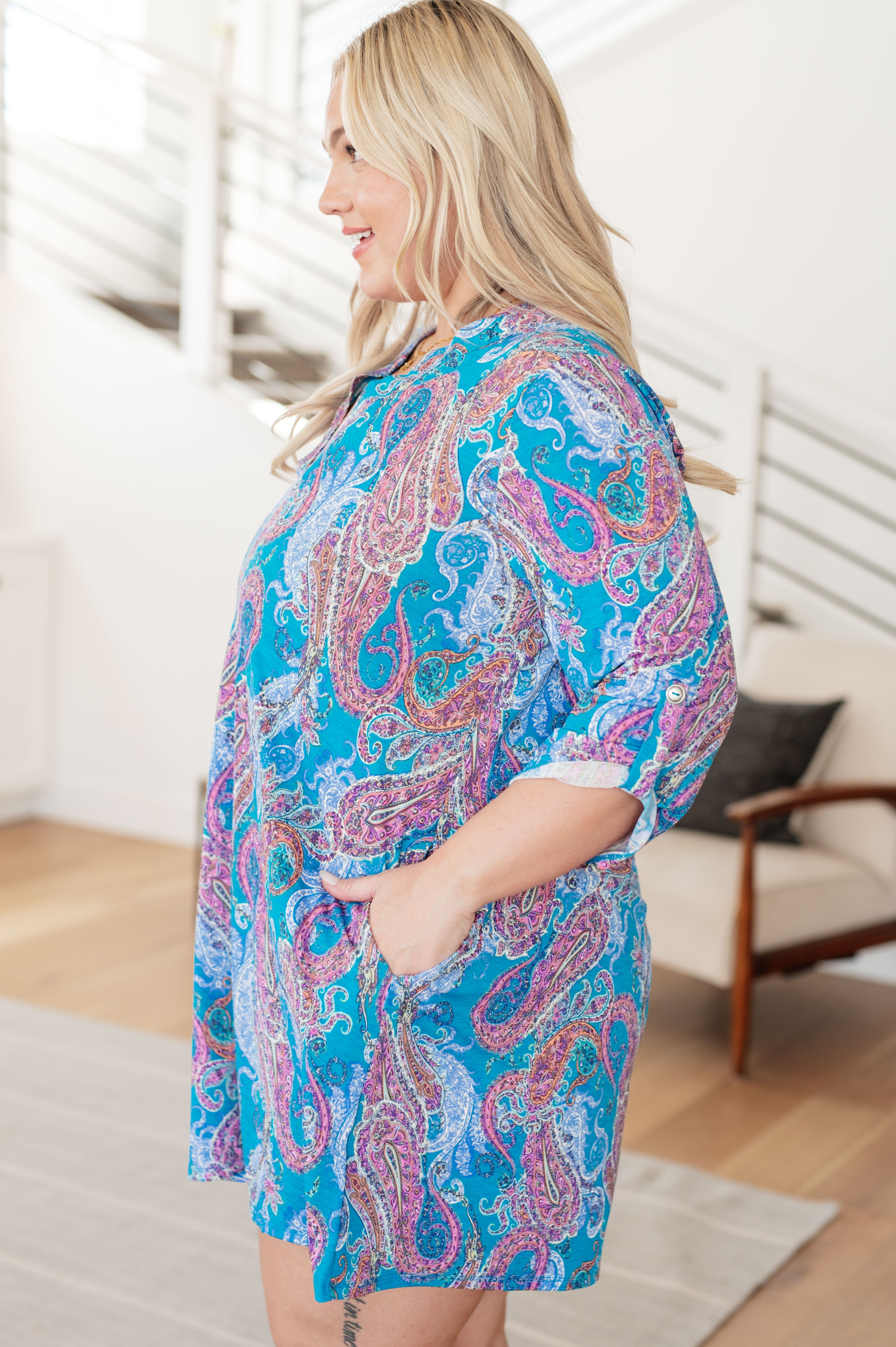 Stylish Lizzy Dress in Teal and Pink Paisley Print - Perfect for Summer Parties, Weddings & Casual Outings