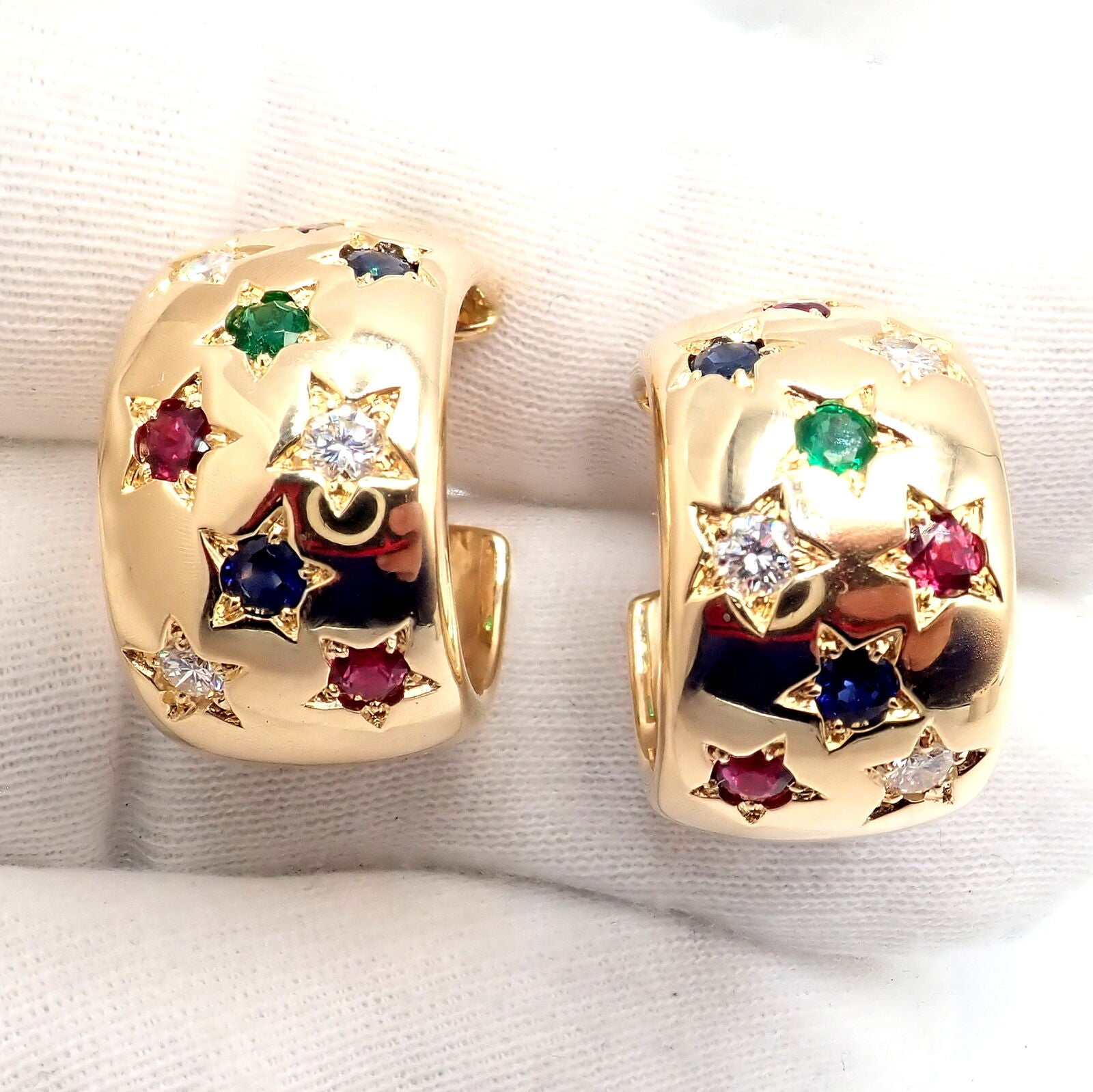Authentic Cartier Star 18K Gold Hoop Earrings with Diamonds, Rubies, Emeralds & Sapphires | Luxury Jewelry for Women | Perfect for Weddings, Parties & Special Occasions