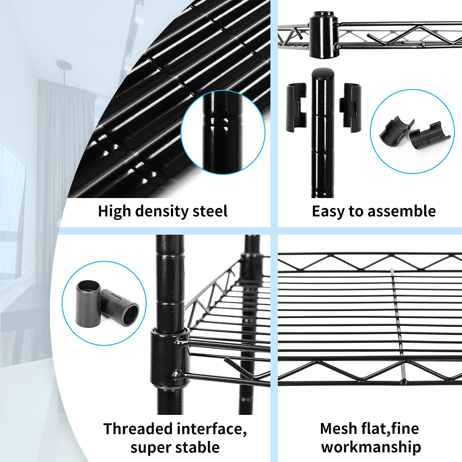 5-Tier Adjustable Metal Wire Shelving Unit - Heavy Duty Storage Rack for Laundry Room, Bathroom, Kitchen, Pantry & Closet Organization (Black, 16.6