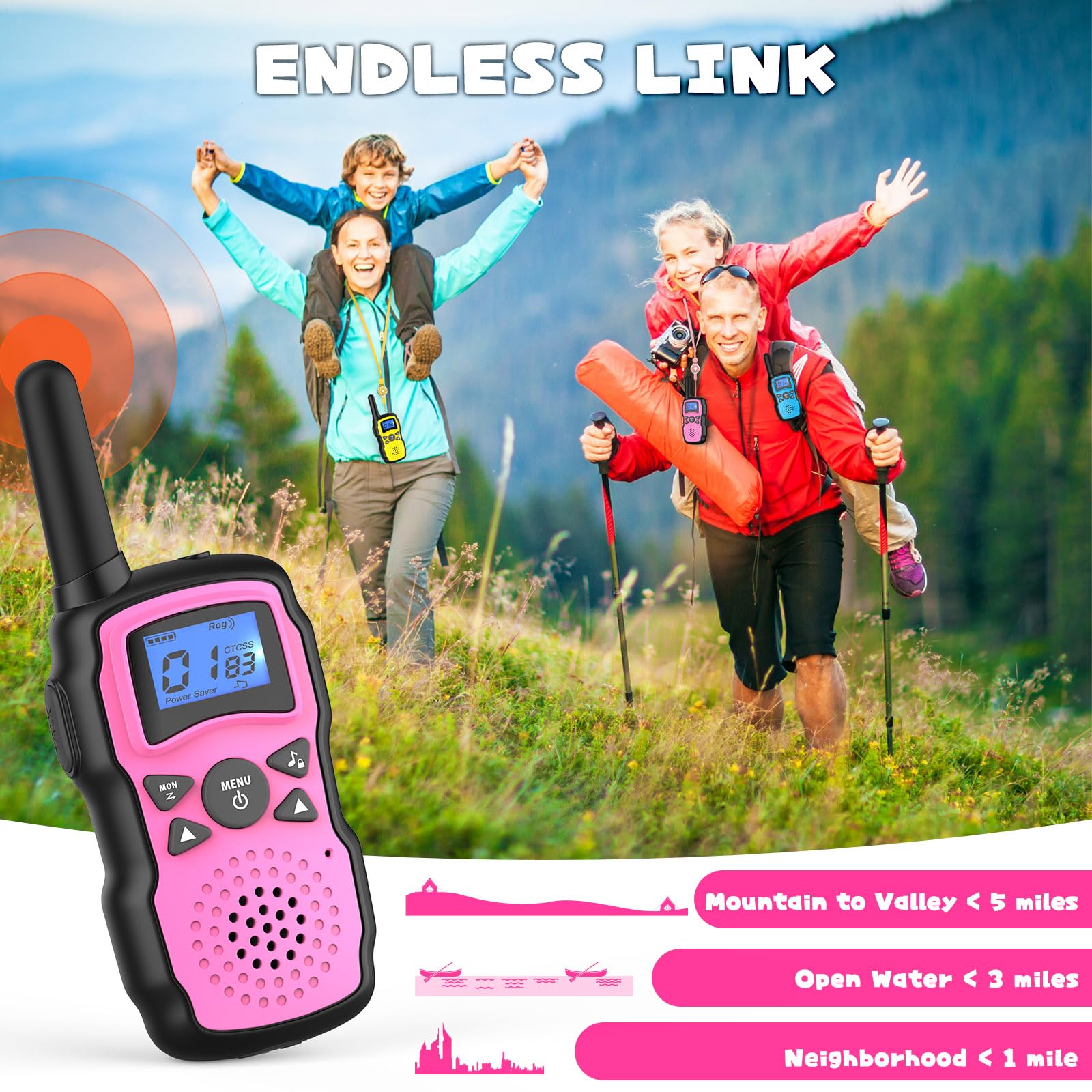 **Wishouse Kids Walkie Talkies Rechargeable - Long Range 2-Way Radios for Boys & Girls Ages 4-8, 6000mAh Battery with Flashlight & Lanyard - Perfect for Camping, Outdoor Play & Birthday Gifts (2 Pack - Pink & Blue)**