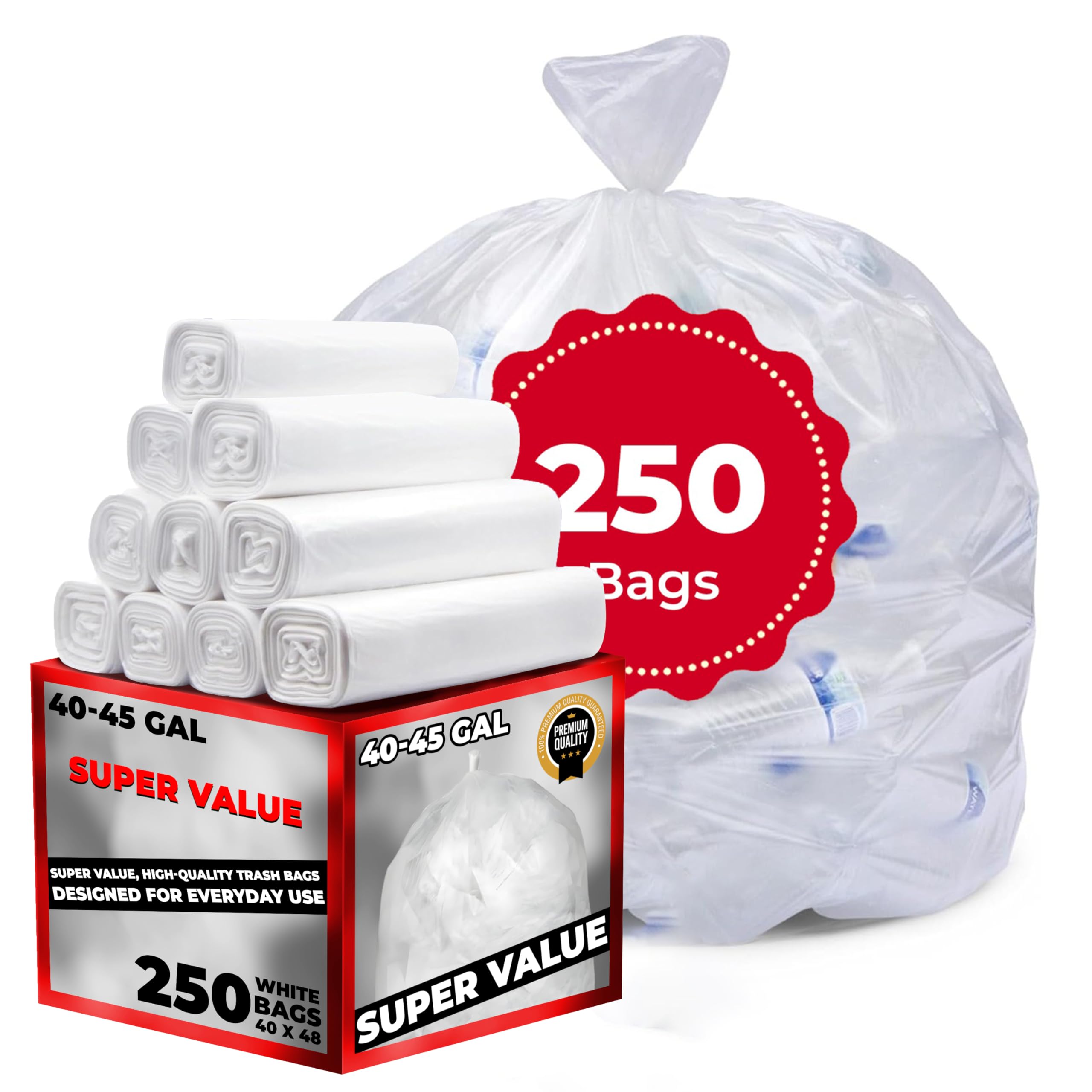 250 Pack Heavy Duty 40-45 Gallon White Trash Bags - Extra Large All Purpose Garbage Bags for Yard Waste, Recycling, Kitchen & Outdoor Use | Durable Leak Proof Waste Disposal Bags for Home, Office & Commercial Use