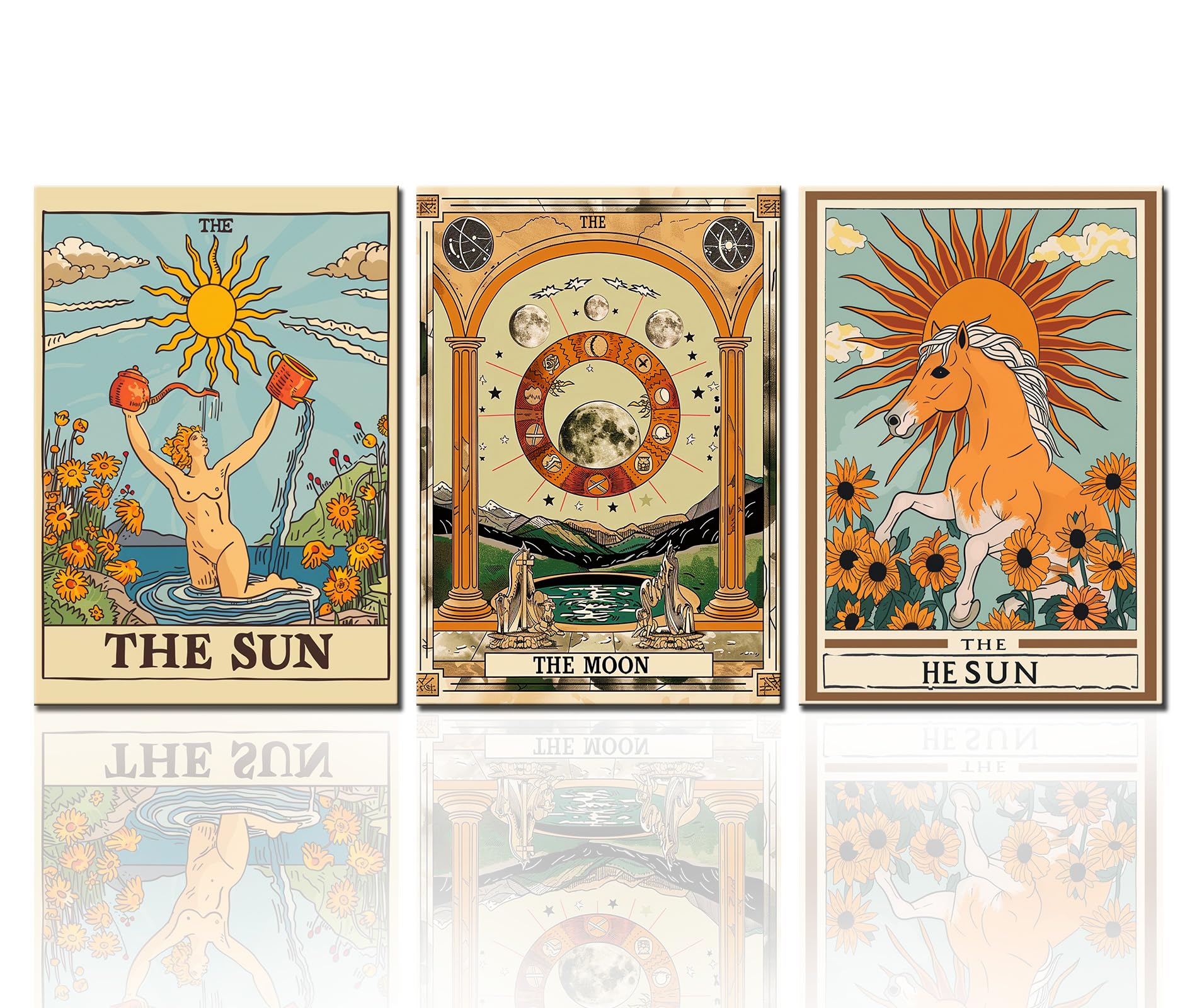 Boho Nordic Wall Art - The Sun and Moon Paintings with Mountain Landscape | 3-Panel Medieval Europe Divination Wall Decor | Minimalist Framed Canvas Art Ready to Hang (60''W x 28''H) | Perfect for Living Room, Bedroom, or Office Decor