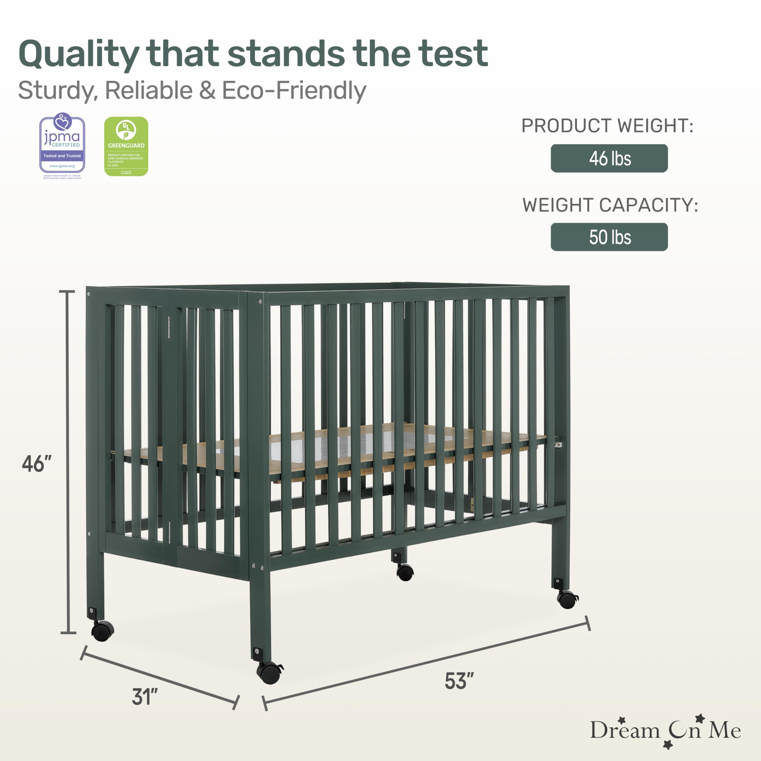 Dream On Me Quinn Full-Size Folding Crib - Olive Green | Removable Wheels & Adjustable Mattress Support | Modern Nursery Essential | Portable Baby Bed with Patented Folding System | Perfect for Travel, Small Spaces & Guest Rooms