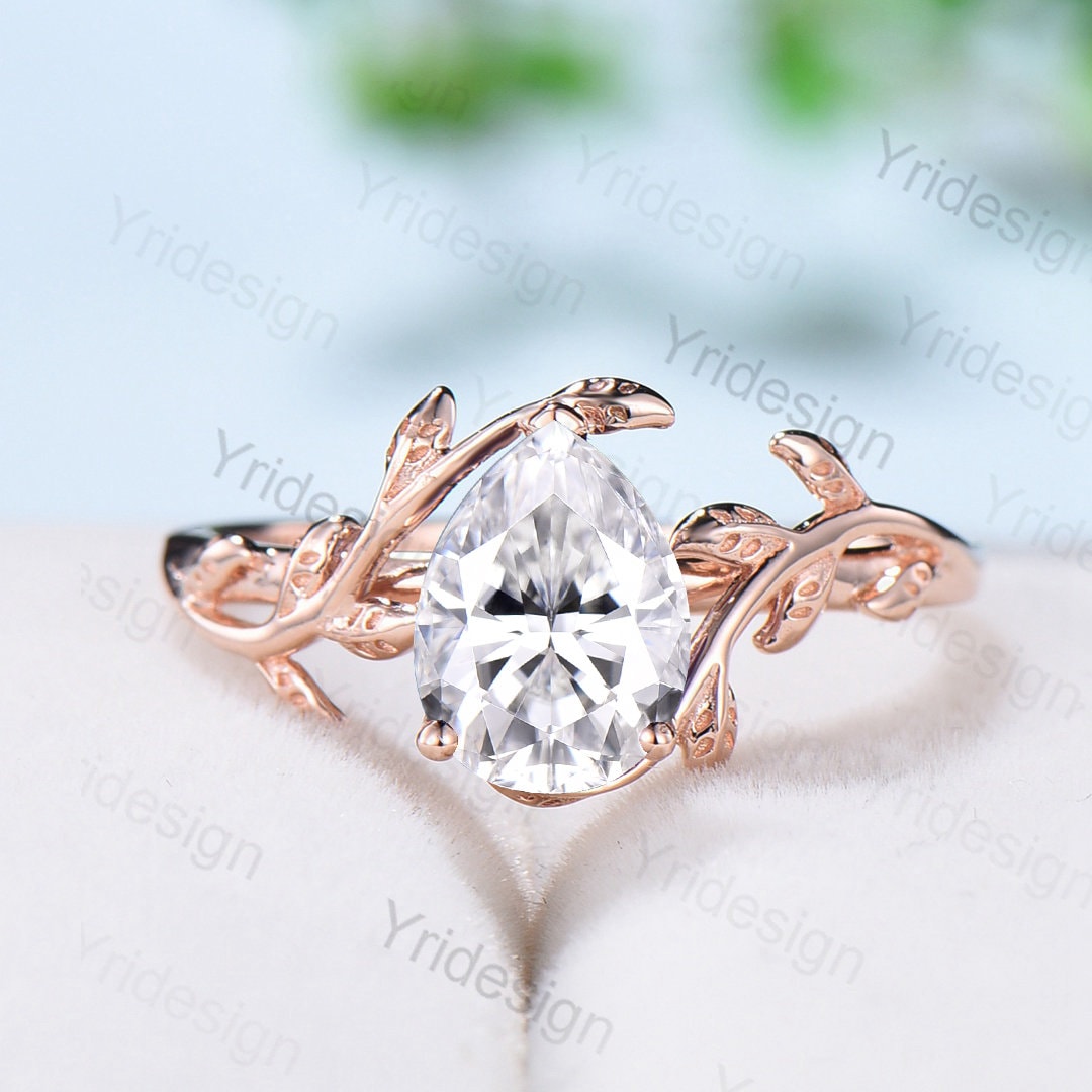 Vintage Twig Moissanite Engagement Ring for Women - Natural Inspired Rose Gold Leaves Branch Ring with Simulated Diamond - Perfect for Bridal, Wedding, Anniversary & Romantic Occasions