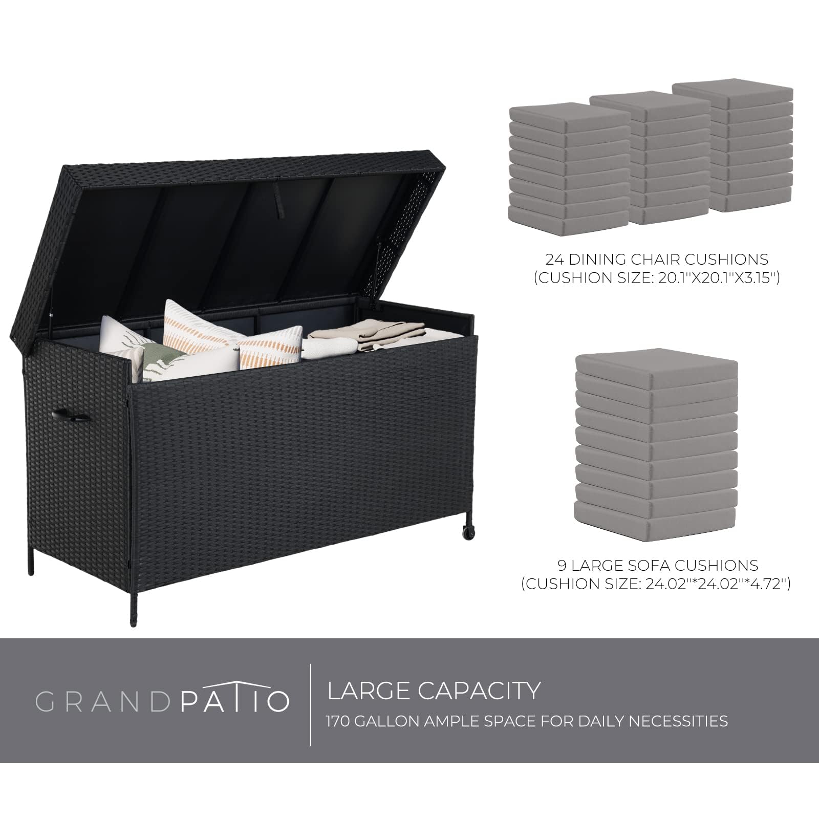 170 Gallon Wicker Deck Storage Box - Outdoor & Indoor Patio Furniture Organizer for Cushions, Garden Tools, Pool Accessories - Weatherproof Black Storage Bin for Backyard, Garden & Poolside Use