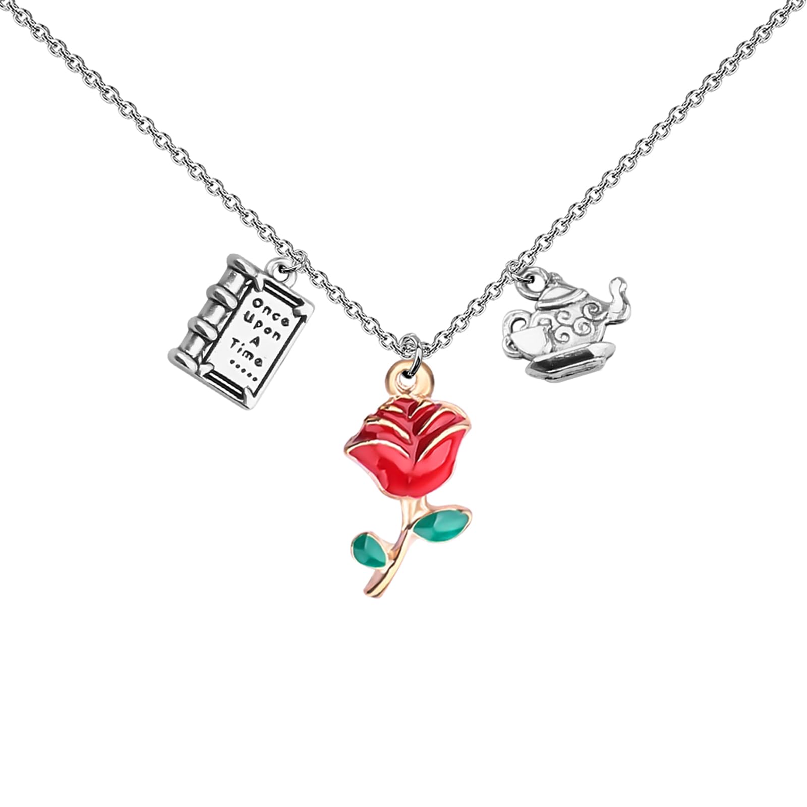 UJIMS Beauty and the Beast Inspired Mirror & Rose Charm Necklace - Belle Princess Jewelry for Disney Fans - Perfect Gift for Fairy Tale Lovers, Cosplay & Special Occasions