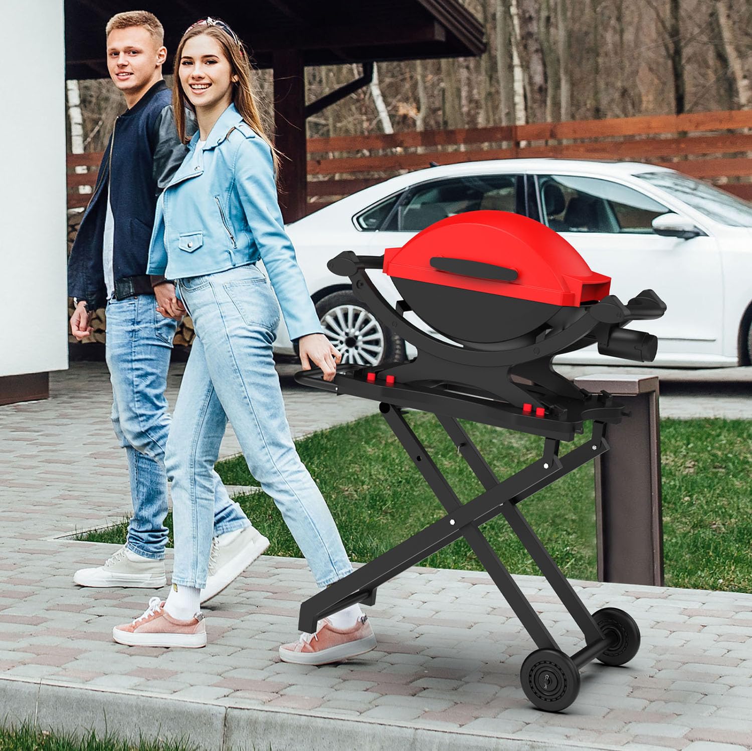 Heavy-Duty Portable Grill Cart for Weber Q1200 Q1000 Q2000 Q1400 - Collapsible BBQ Stand with 2 Wheels, Outdoor Cooking Table for Camping, Tailgating & Backyard Grilling - Black