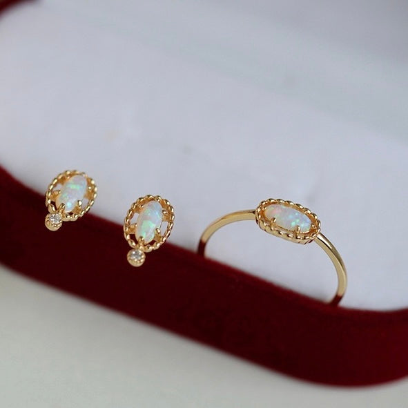 Tiny Opal Stud Earrings & Ring Set - Genuine Birthstone Jewelry for Women | Perfect Gift for Birthday, Anniversary & Special Occasions | HJZB 270