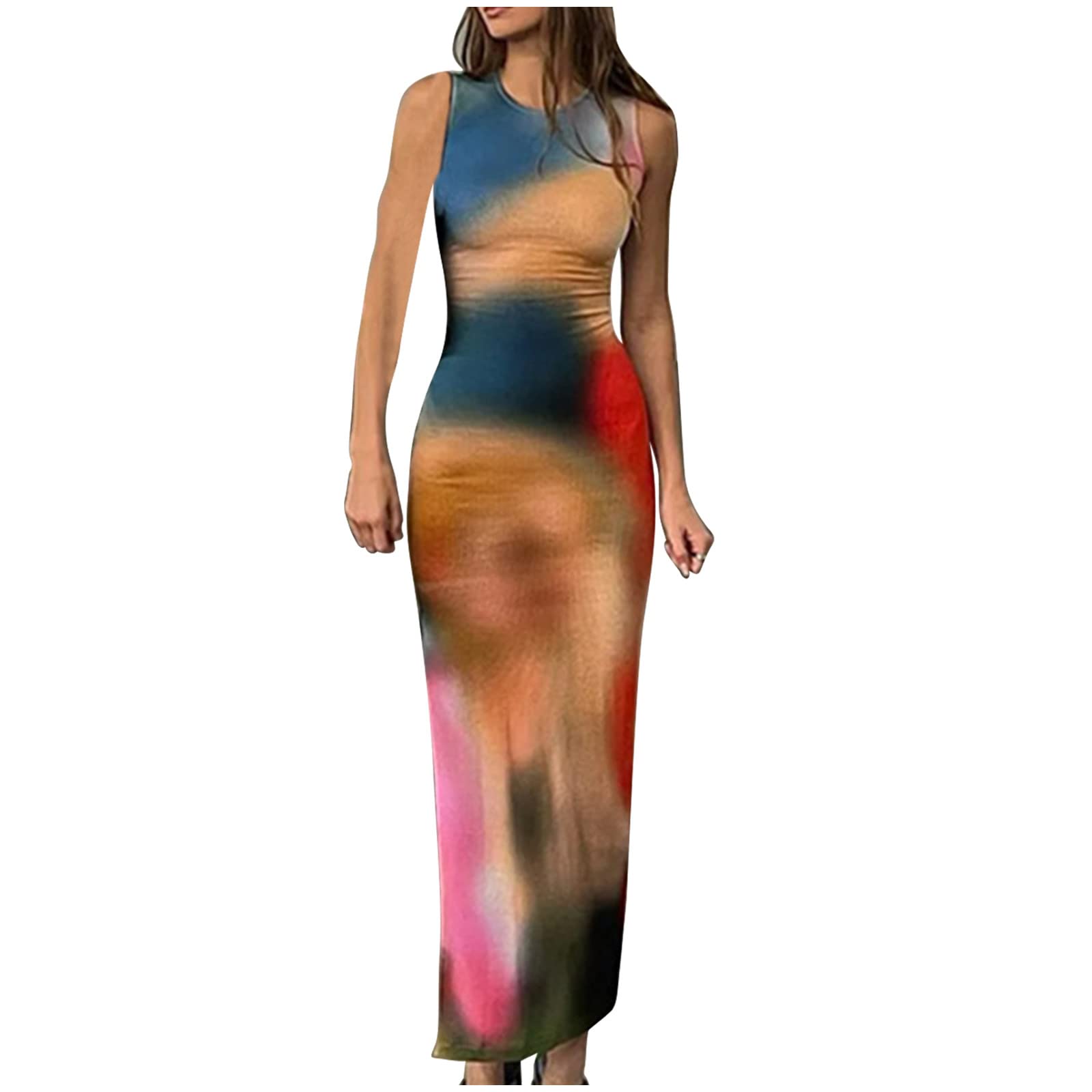 JINMGG Women's Summer Dress - Sleeveless Gradient Print Tie-Dye Maxi Dress for Beach, Vacation & Party | Sexy Flowy Longuette Dress for Women