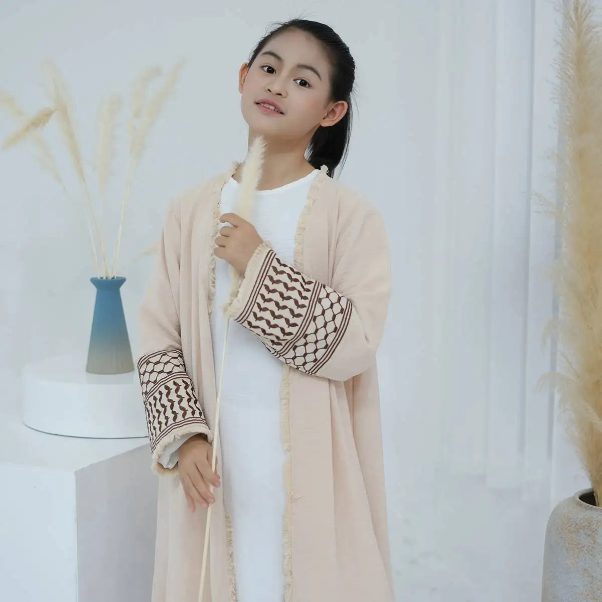 Muslim Mother Daughter Matching Abaya Dress with Embroidery & Tassel Sleeves - Elegant Cardigan Open Design for Women & Girls - Perfect for Eid, Ramadan, Wedding & Special Occasions