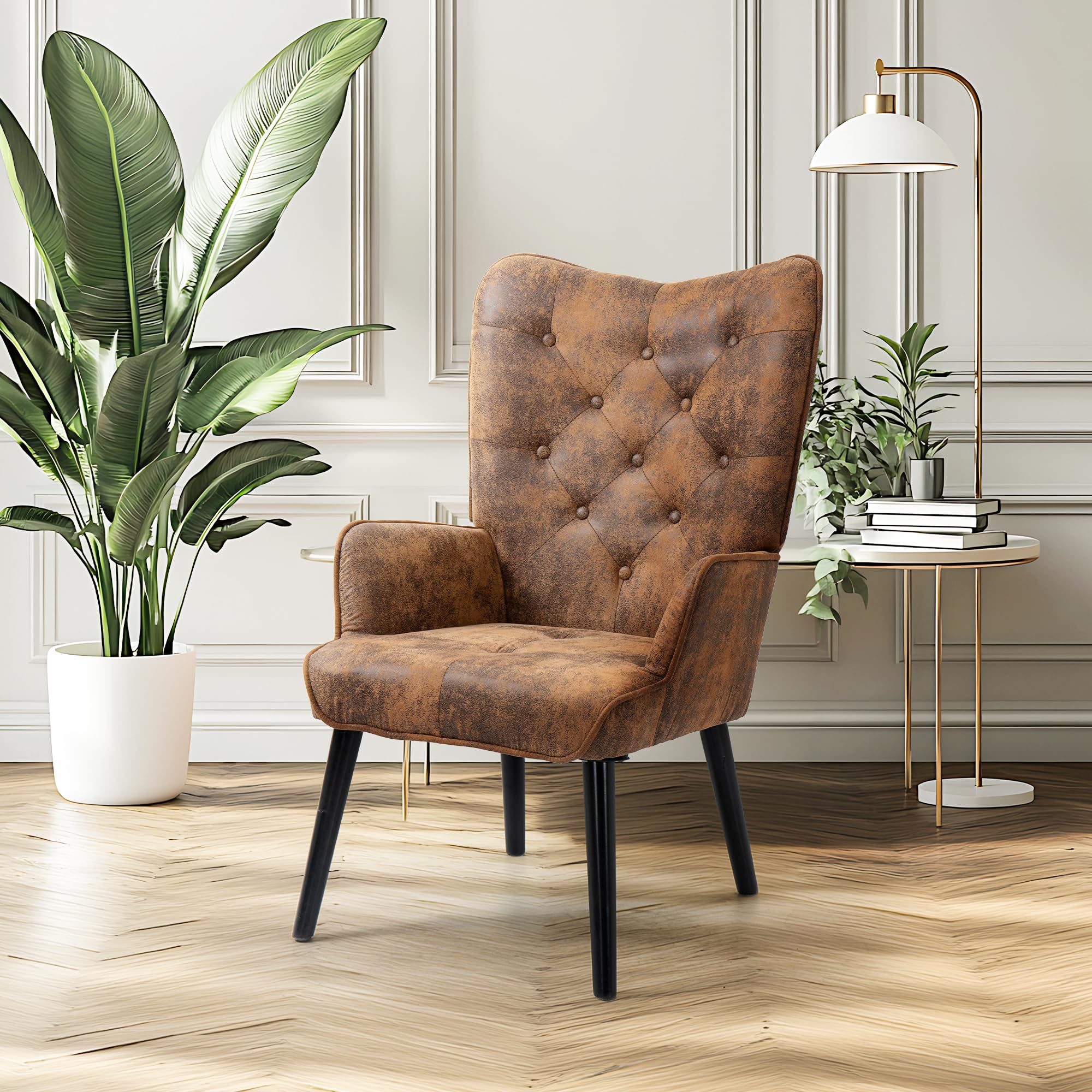 ECOTOUGE Rustic Accent Chair - Brown High Back Microfiber Wingback Armchair for Living Room & Bedroom | Comfortable Reading Chair with Sturdy Arms | Perfect for Cozy Corners, Home Office & Relaxation