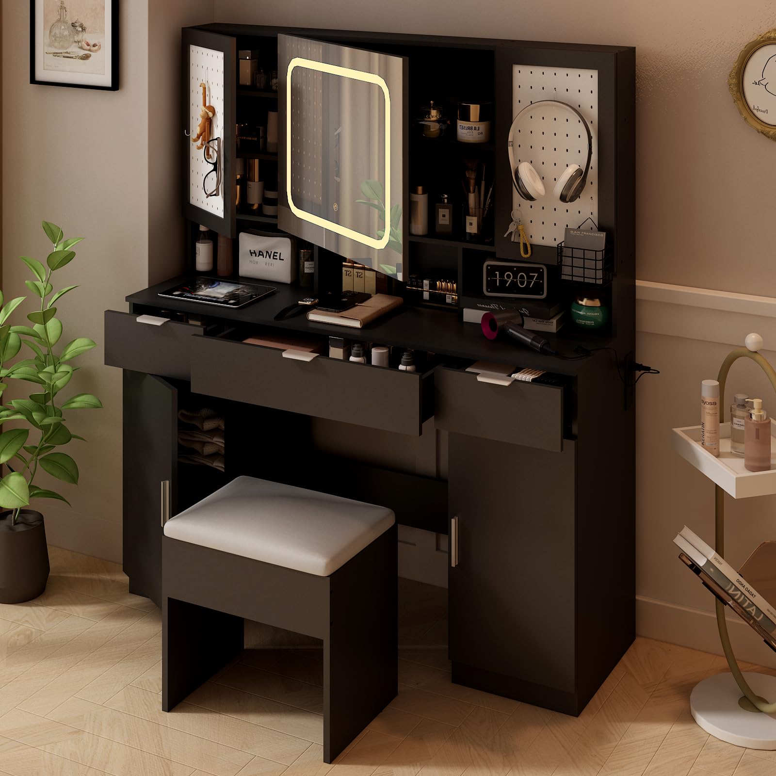 Karl Home Large Vanity Table Set with LED Lighted Mirror - Makeup Vanity Desk with Charging Station, Storage Cabinets & Drawers, Cushioned Stool - Perfect for Bedroom Makeup & Dressing Area - Black