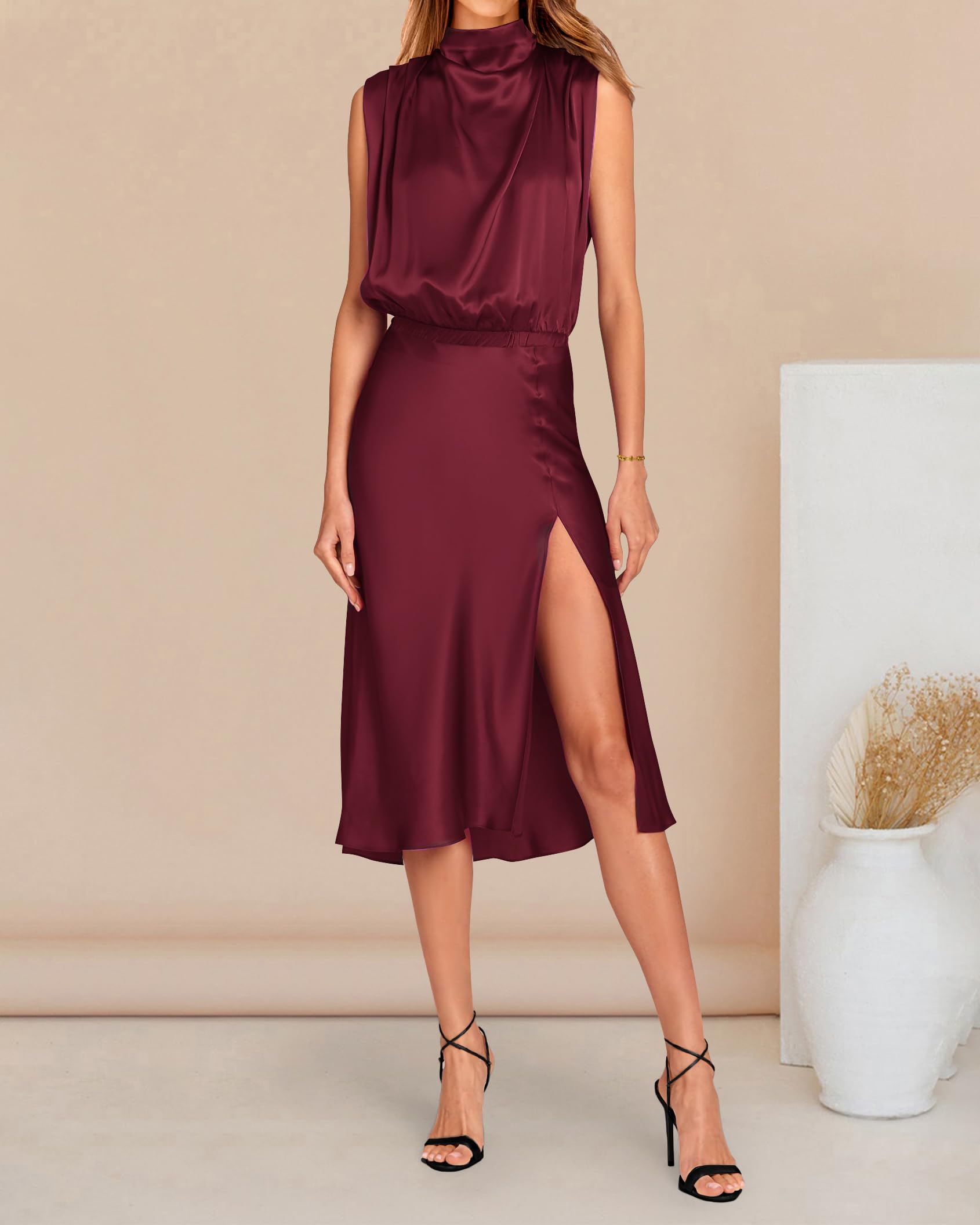 PRETTYGARDEN Women's Summer Formal Satin Dress - Mock Neck Sleeveless Midi Dress with Elastic Waist & Side Slit | Wedding Guest Dress, Cocktail Party, Evening Gown 2024