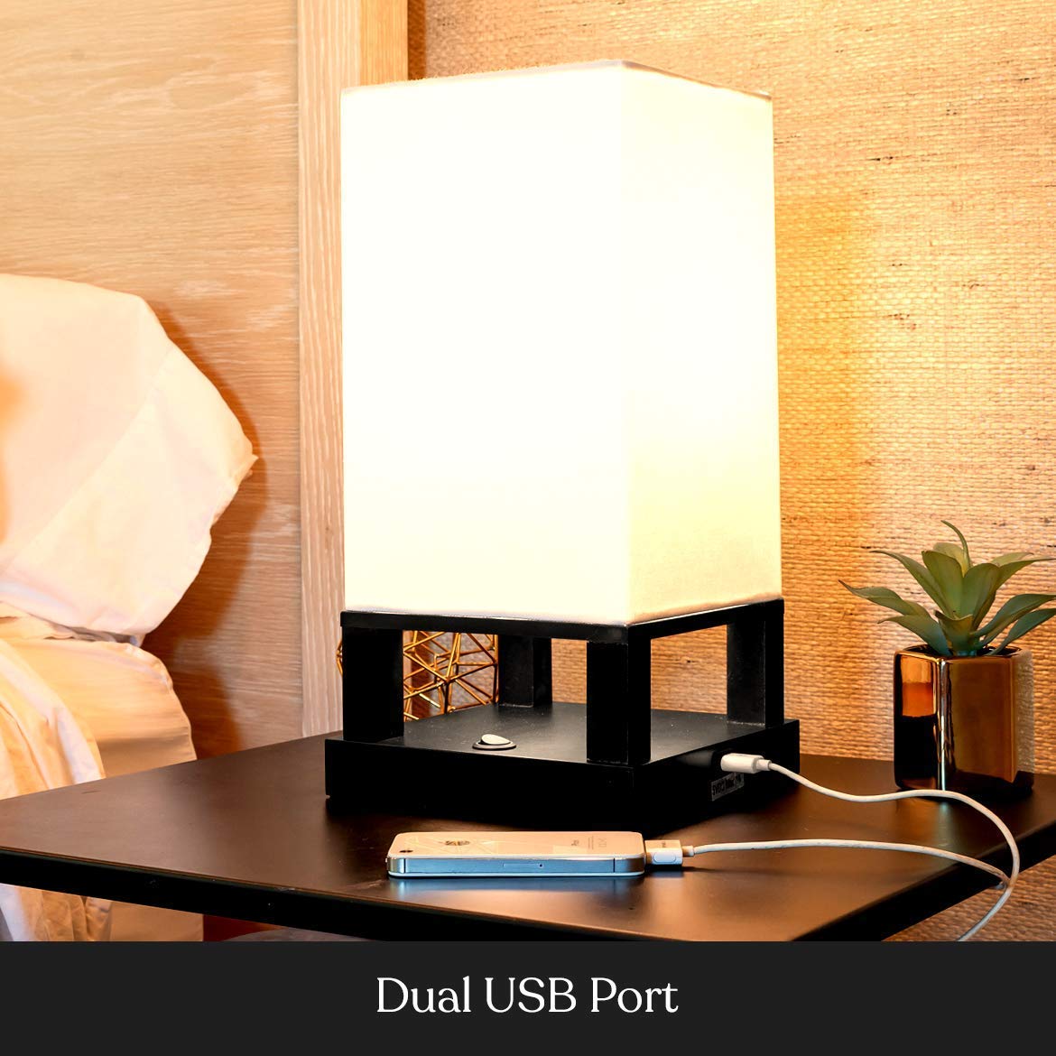 Brightech Maxwell Modern LED Floor & Table Lamp Set of 2 with USB Port & Storage Drawers - Wood Frame Bedside Lamp with Soft Ambient Lighting for Bedroom, Living Room & Office - Black Nightstand Lamp for Reading & Relaxation