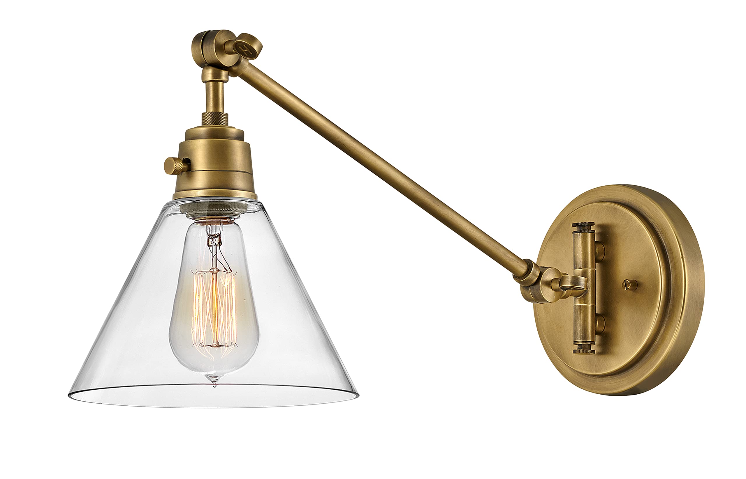 Hinkley Arti 3690HB-CL Medium Articulating Single Light Wall Sconce with On/Off Switch - Adjustable Brass Wall Lamp with Removable Fabric Cord & Clear Glass Shade - Perfect for Bedroom, Hallway, and Living Room Lighting