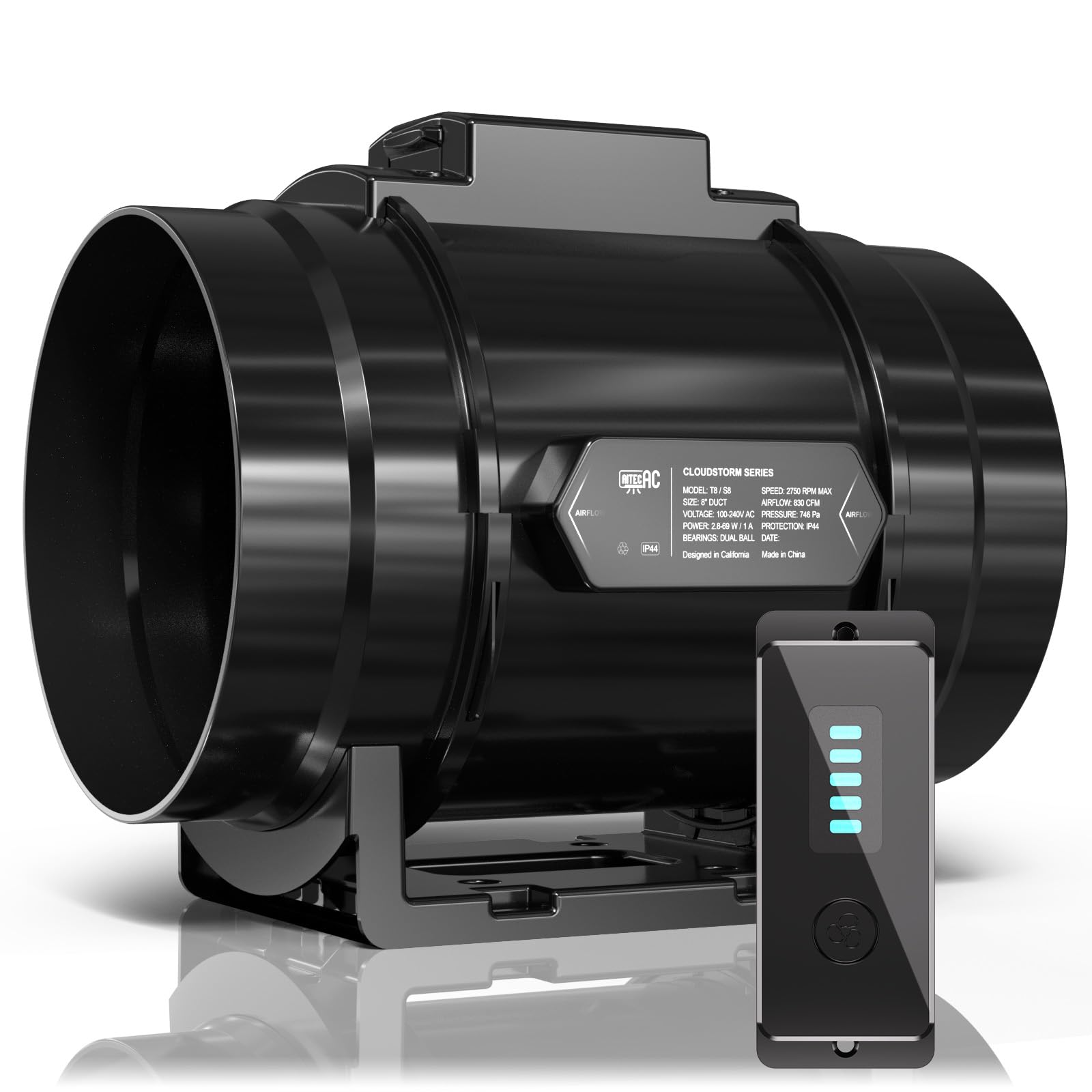 8-Inch Quiet Inline Fan with Speed Controller - Ventilation & Exhaust Fan for Heating, Cooling, Grow Tents, Hydroponics - Perfect for Home Greenhouses & Indoor Gardening (CloudStorm S8)
