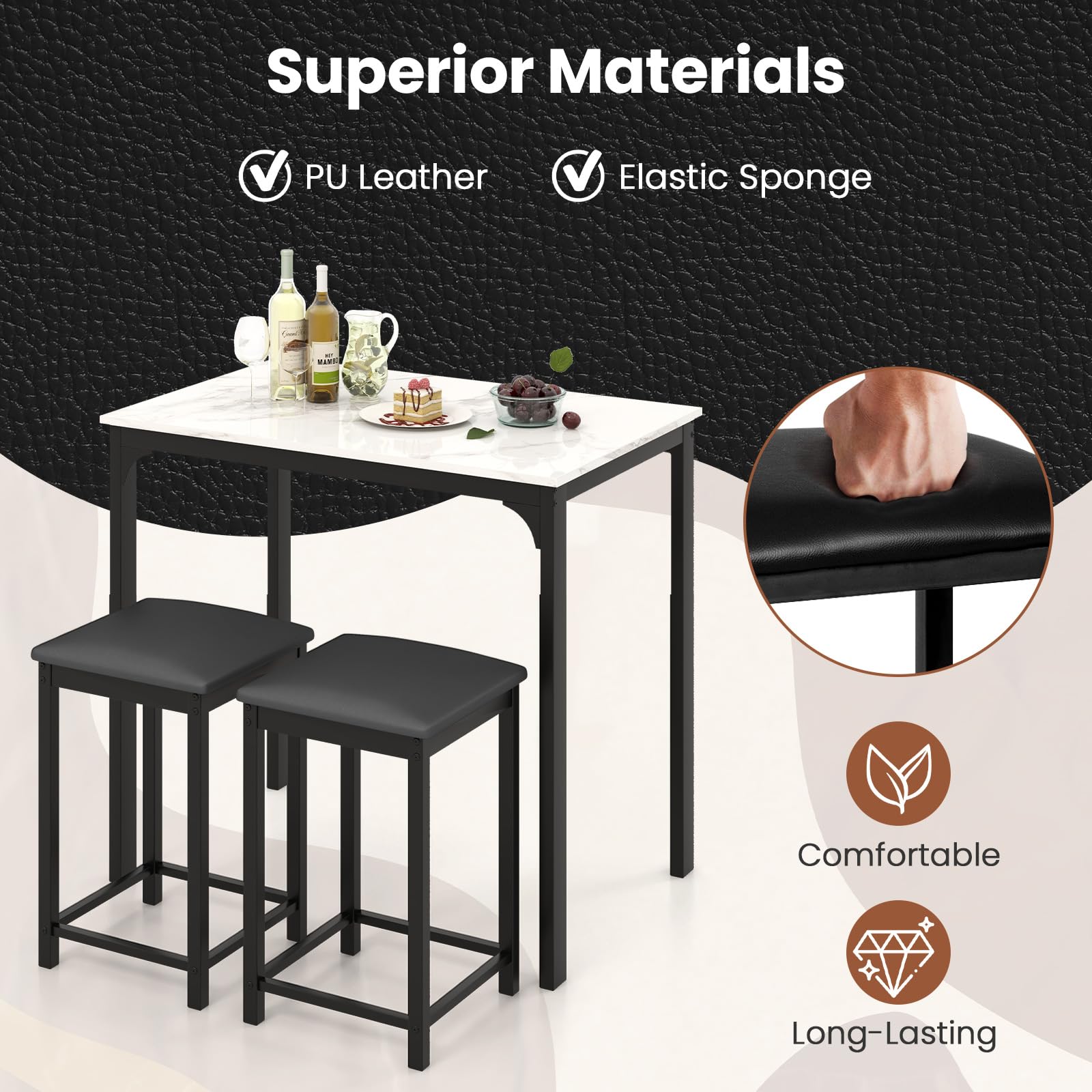 Giantex 3-Piece Modern Dining Set with Faux Marble Tabletop & 2 Chairs - White & Black Contemporary Kitchen Table for Home, Hotel, Restaurant, Bar or Office Dining Area | Perfect for Small Spaces, Breakfast Nooks & Entertaining Guests