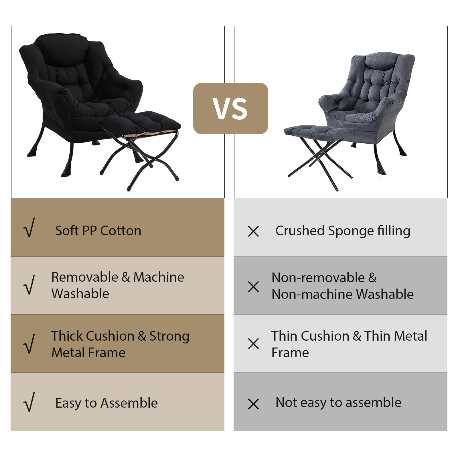 Modern Lazy Chair with Ottoman - Folding Footrest Lounge Accent Chair for Living Room - Comfortable Reading Recliner Chair (Black) - Perfect for Relaxing, Napping & Home Office Use