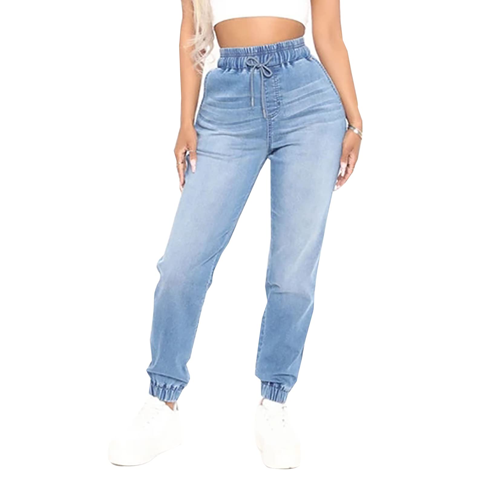 LONGYIDA Women's High Waisted Stretch Denim Joggers - Elastic Drawstring Waist Casual Jean Pants for Lounge, Streetwear & Everyday Comfort