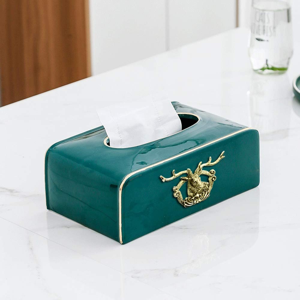 Nordic Retro Ceramic Tissue Box Cover with Metal Deer Head - Classic Home Decor Napkin Holder for Living Room, Bedroom, Office & Hotel (Dark Green) | Elegant Tissue Dispenser for Home & Commercial Spaces