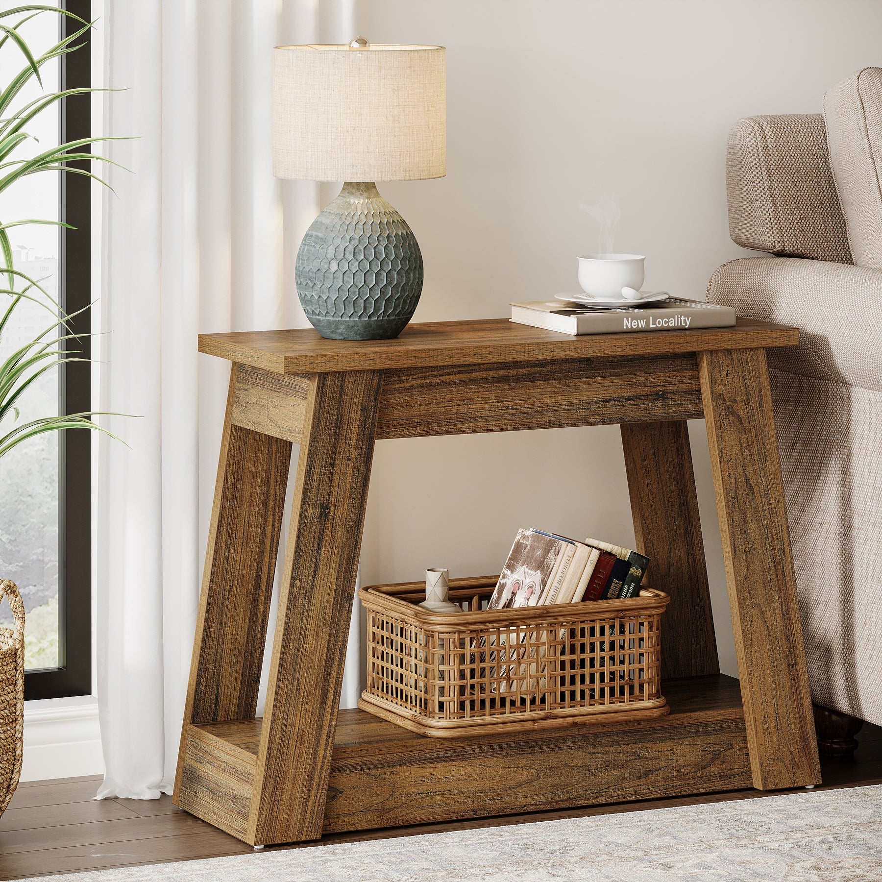 Modern Wood End Table with 2 Storage Shelves - Small Side Table for Living Room, Bedroom & Office - Perfect for Storing Books, Lamps & Decor