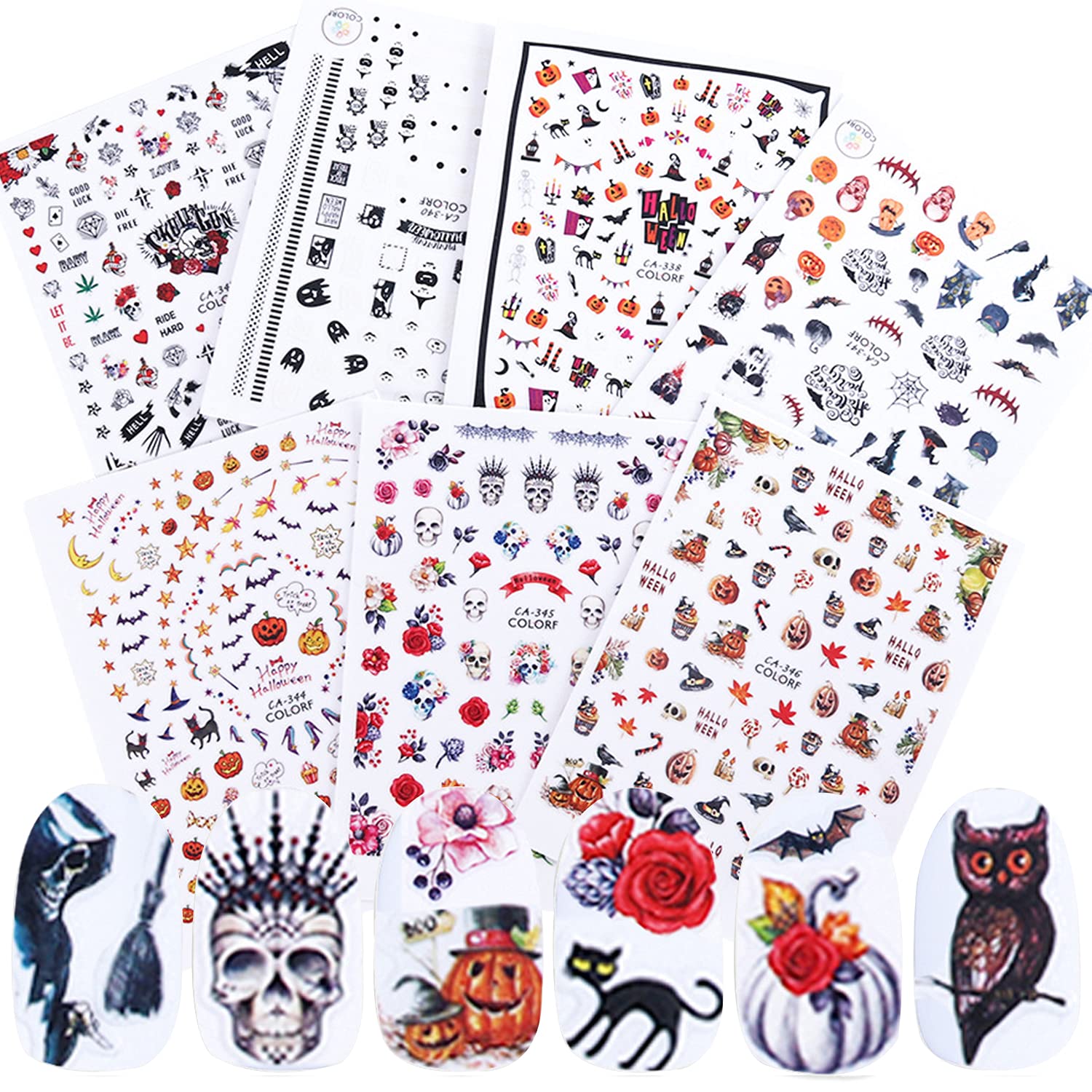 3D Halloween Nail Art Stickers - Self Adhesive Nail Decals with Pumpkin, Bat, Ghost, Witch & Spider Designs - DIY Nail Supplies for Women - Perfect for Halloween Parties, Costume Events & Spooky Nail Art (7 Sheets)