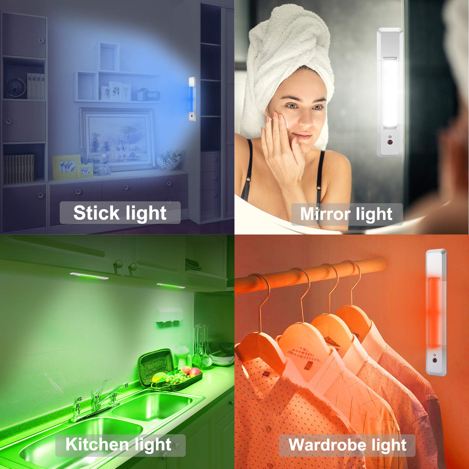 BIGMONAT Under Cabinet Lights - 4 Color Changing LED Bar Lights with Remote Control, Battery Powered, Dimmable Brightness & Timer - Stick-On Counter, Shelf, Closet Lighting for Kitchen, Stairs, Wardrobe (Perfect for Nighttime Navigation & Accent Lighting)