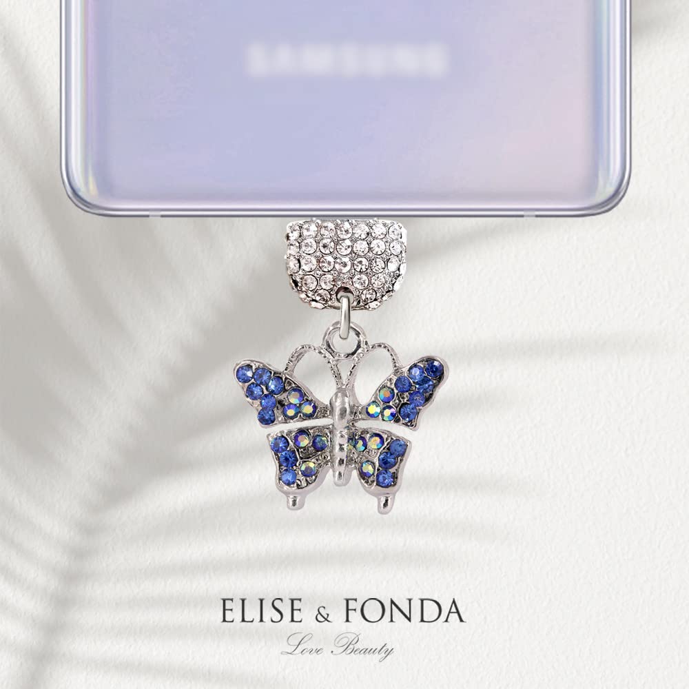 ELISE & FONDA TP155 Crystal Anti-Dust USB-C Plug with Butterfly Charm - Compatible with Samsung Galaxy, Huawei, OnePlus, Xiaomi, OPPO Android Phones (Blue) - Perfect Phone Accessory for Protection & Style