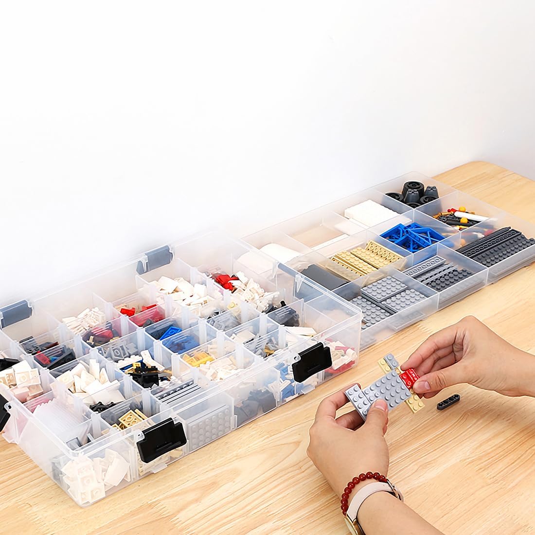 EZOWare 2-Tier Clear Plastic Craft Storage Organizer Box - 118 Adjustable Grid Compartments with Handle, Stackable Jewelry & Sewing Supplies Container for Beads, LEGO Blocks, Fishing Tackle - Perfect for Craft Rooms, DIY Workshops & Home Organization