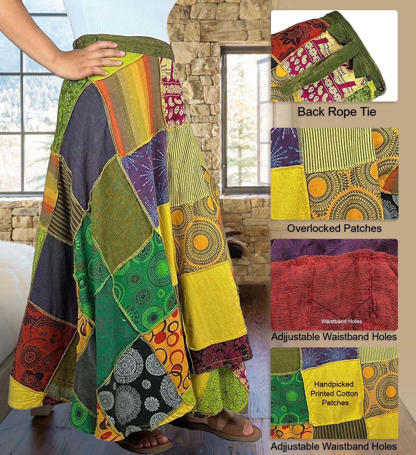 **Agan Traders Women's 2025 Spring & Fall Boho Maxi Skirt - High Waisted Long Skirt with Patchwork & Tie-Up Design, Bohemian Wrap Cover Up for Casual Outings, Beach Vacations & Festivals**