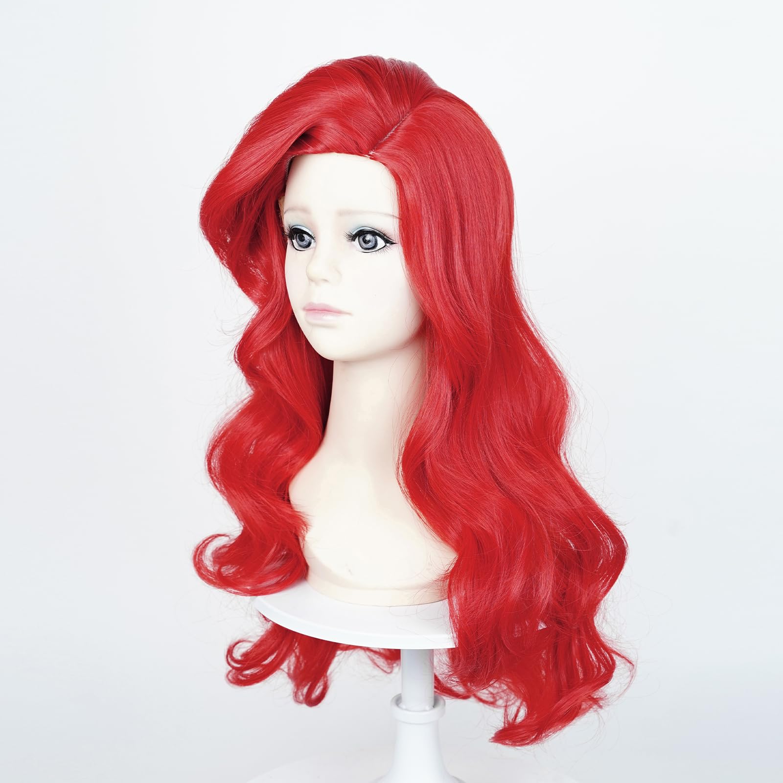 ProBeauty Red Mermaid Wig for Girls - 21 Inch Long Curly Cosplay Hair with Jewelry Set (Necklace, Bracelet, Earrings, Ring) | Perfect for Halloween Costumes, Mermaid Parties & Fantasy Dress-Up