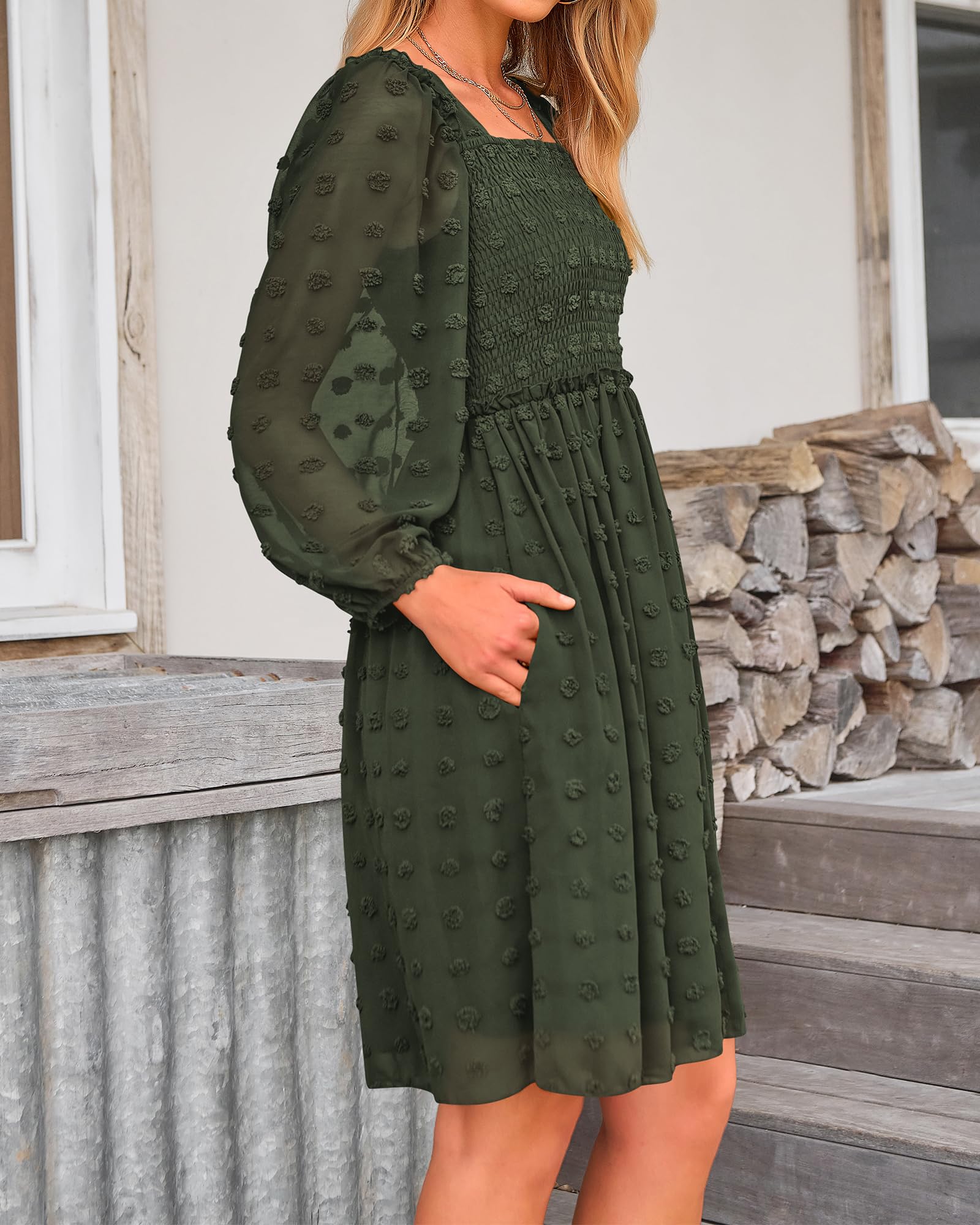 BTFBM Women's Floral Swiss Dot Smocked Mini Dress - Square Neck Long Sleeve Boho Wedding Guest Dress for Spring Summer 2025 | Perfect for Garden Parties, Bridal Showers & Date Nights